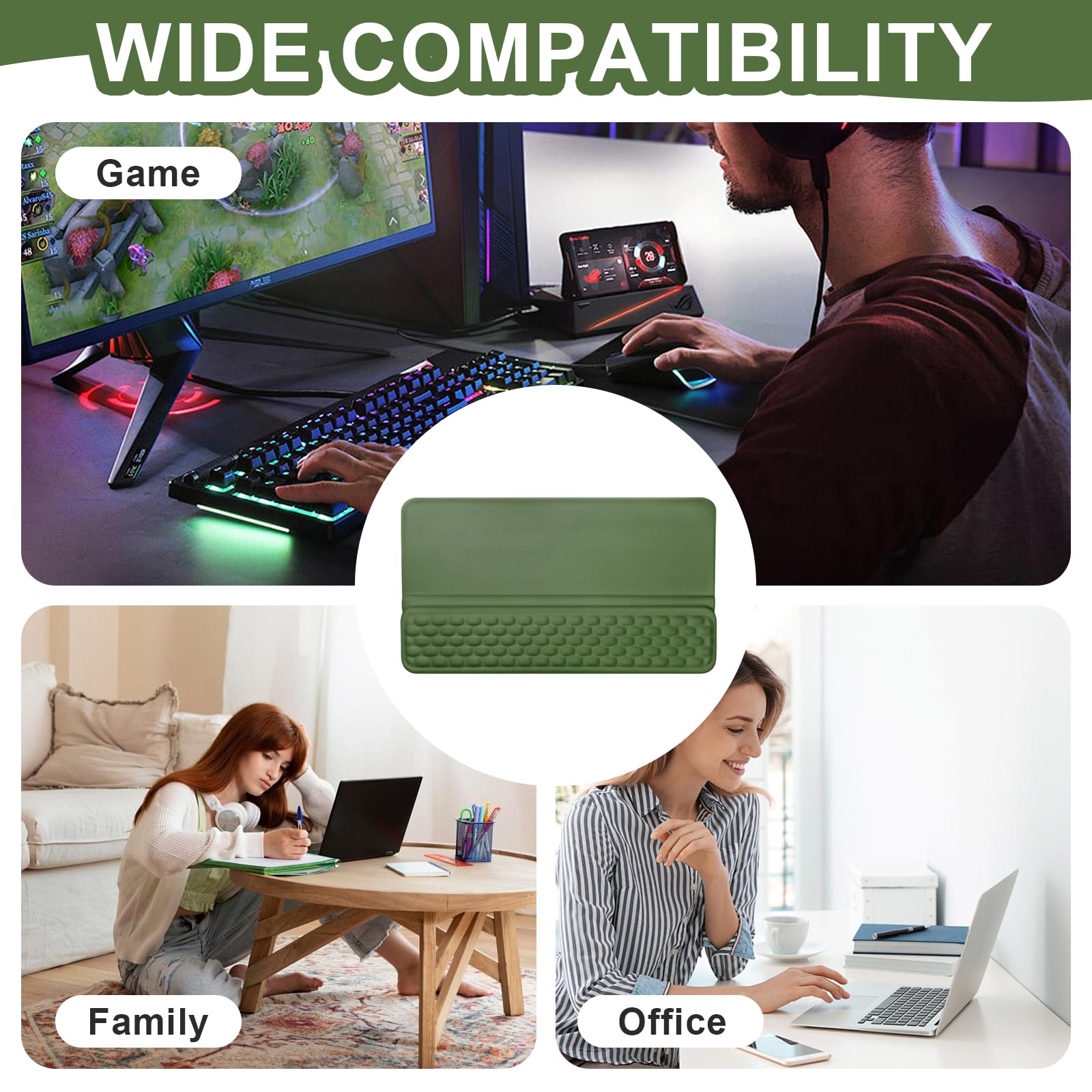 Reposamuñecas para teclado, espuma viscoelástica, reposamuñecas para escritorio con base antideslizante, muñeca y antebrazo, comodidad para aliviar el estrés, para el hogar y la oficina (verde