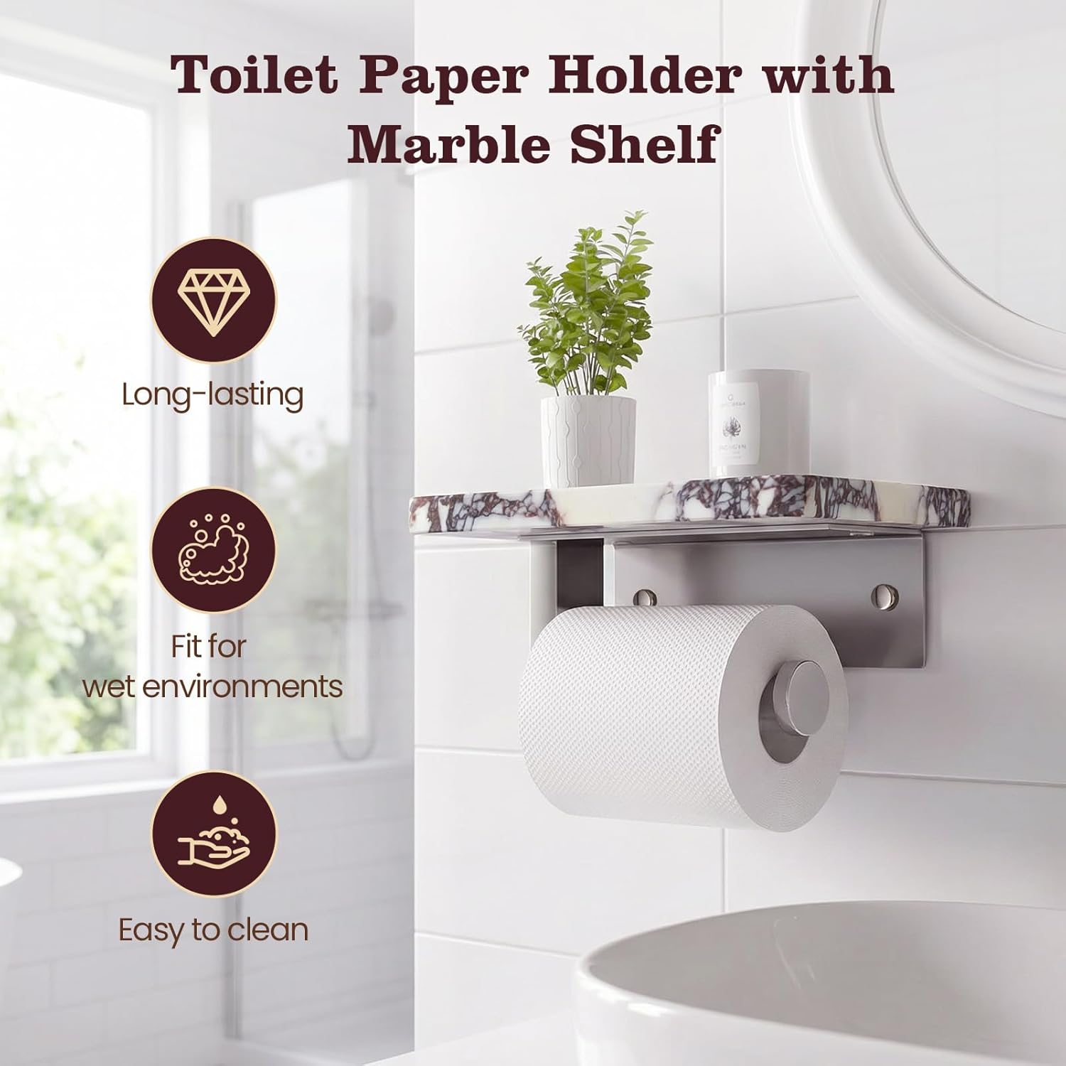 Marble Toilet Paper Holder with Shelf, 304 Stainless Steel Wall Mounted Toilet Roll Holder, Tissue Holder for Bathroom, Washroom, RV, Premium Marble Bathroom Accessories for Modern Decor