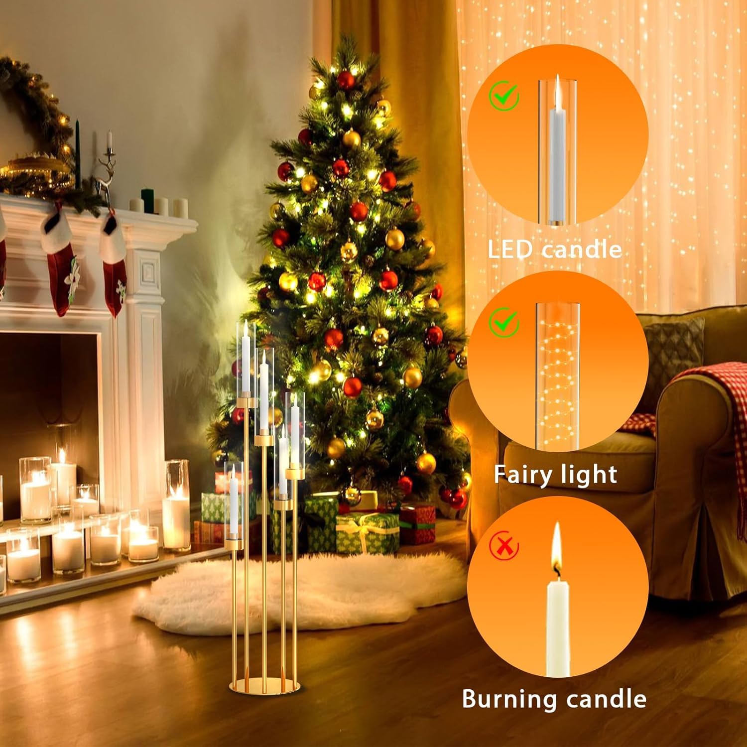 MYOYAY Set di 4 candelabri da pavimento a 5 bracci, alti 100 cm, centrotavola per tavoli, set di candelieri in metallo con paralume in acrilico, per feste di nozze, decorazione della casa (oro)