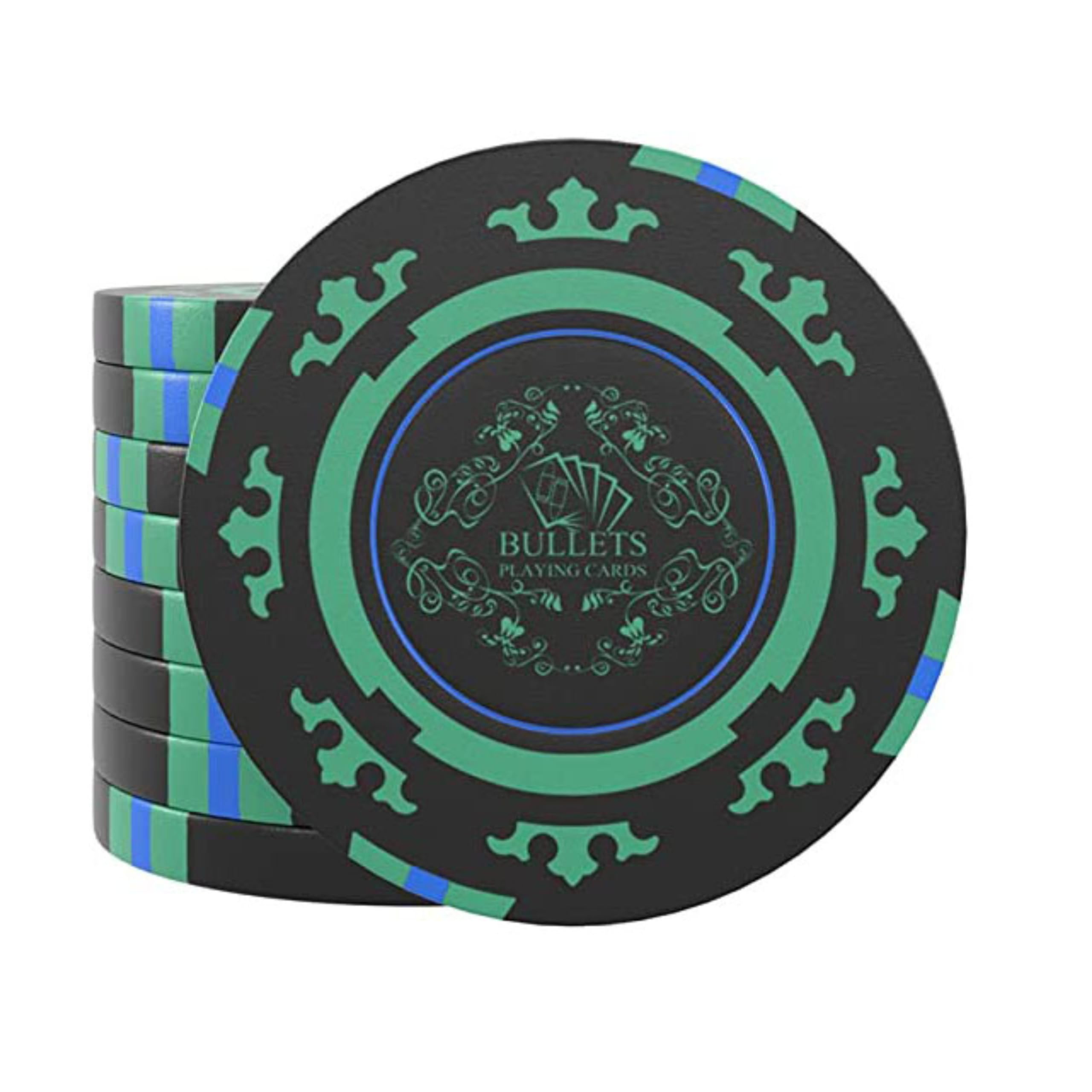 Bullets Playing Cards Clay Poker Chips - Elegant Design and Realistic Casino Feel - Perfect for Poker, Casino-Style Games, Home or Professional Play - Set of 20 'Corrado' Without Value - Green