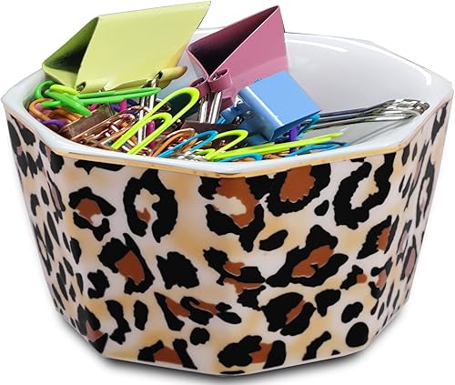 HOMSUN Soporte de clip de papel de cerámica, soporte de clip geométrico, dispensador de clips de papel de leopardo lindo organizador de clip de