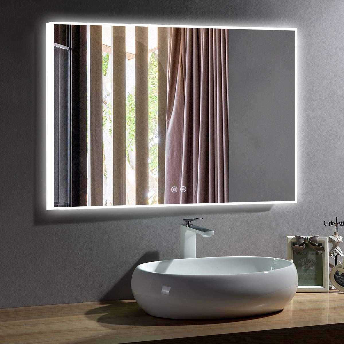 BHBL Dimmable LED Bathroom Mirror with Touch Button, Anti Fog Slim Mirror with Lights and Bluetooth Speaker, Vertical & Horizontal Wall Mounted Makeup Mirror Over Vanity, 48x36In (D423-4836A)