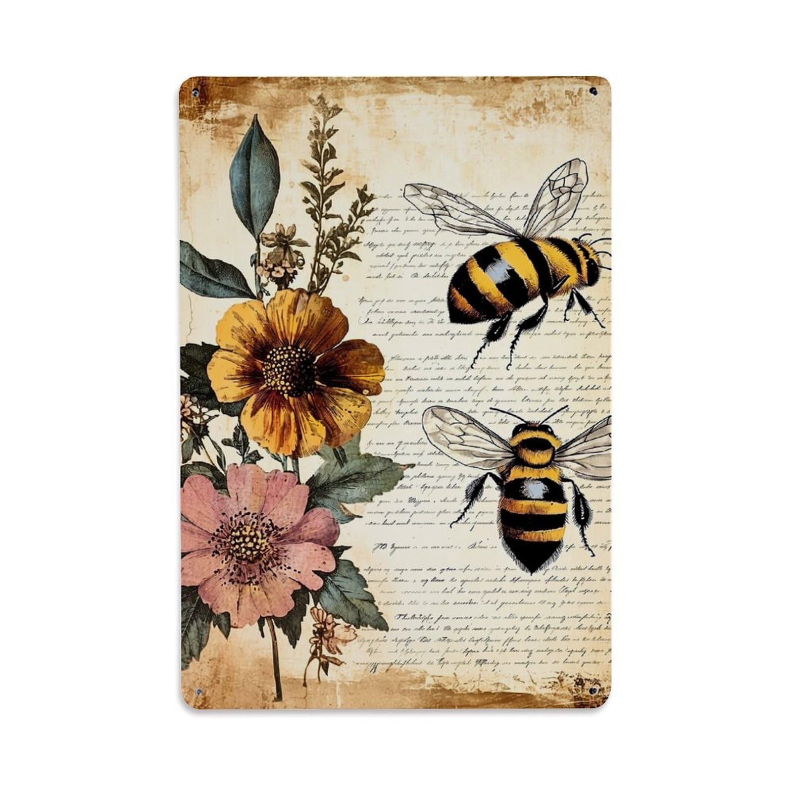 Bee Flower Leaf Script Vintage Tin Sign Metal Poster Vintage Metal Signs for Home Man Cave Bar Cafe Kitchen laundry room Wall Decorations Gift 8x12Inch