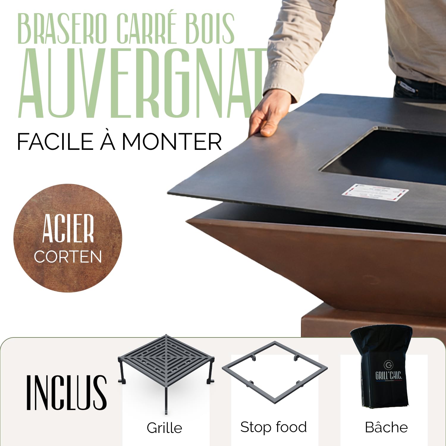 GRILL'CHIC - Pack Privilège Brasero Auvergnat Corten Bois Carré - Simple Cuve - Avec Bâche + Grille + Stop Food Inclus - À Assembler - Fabriqué en France - 63 L x 63 P x 78 H cm