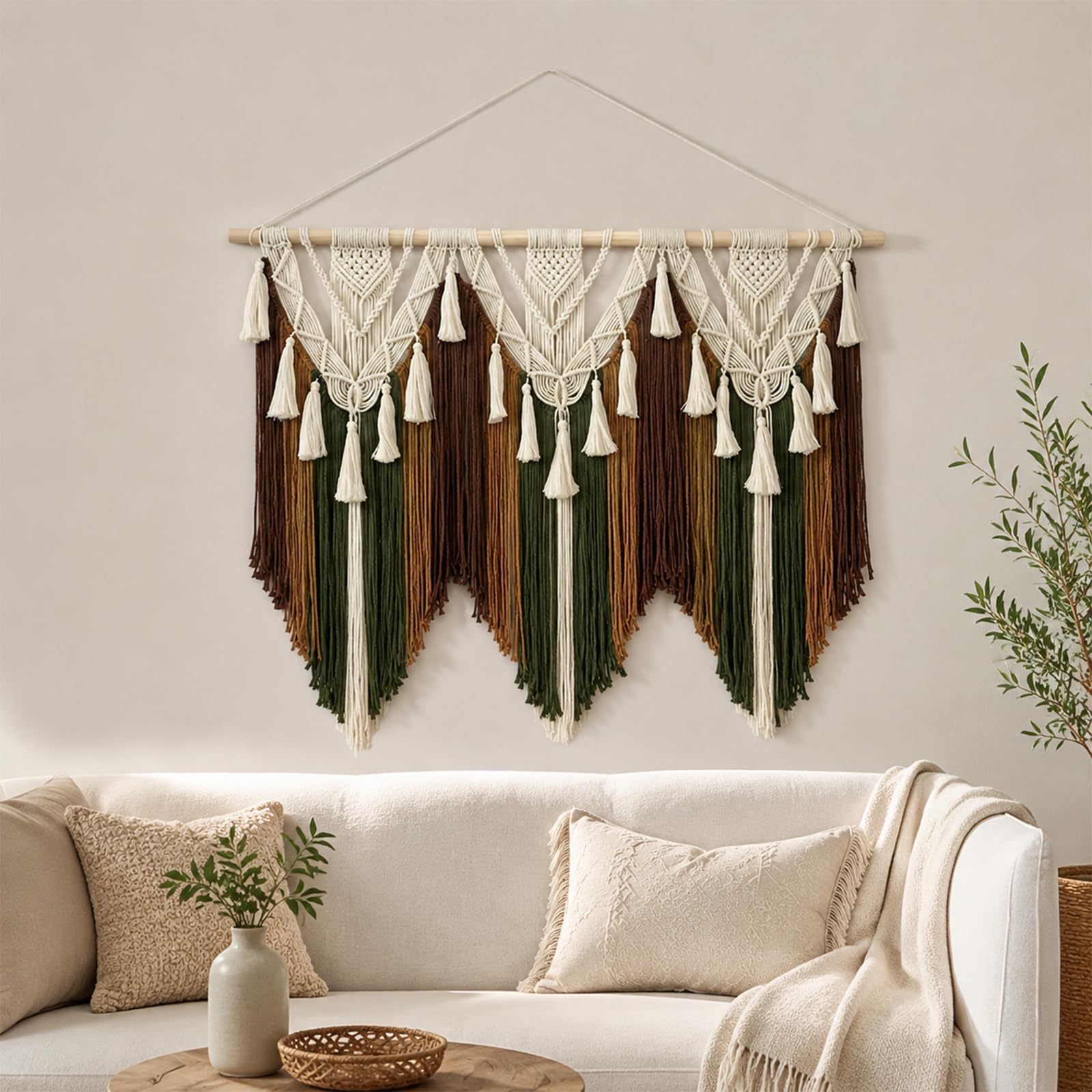 Macrame Colgante de Pared Grande Tapiz Boho Chic Tejido Algodón con Barra