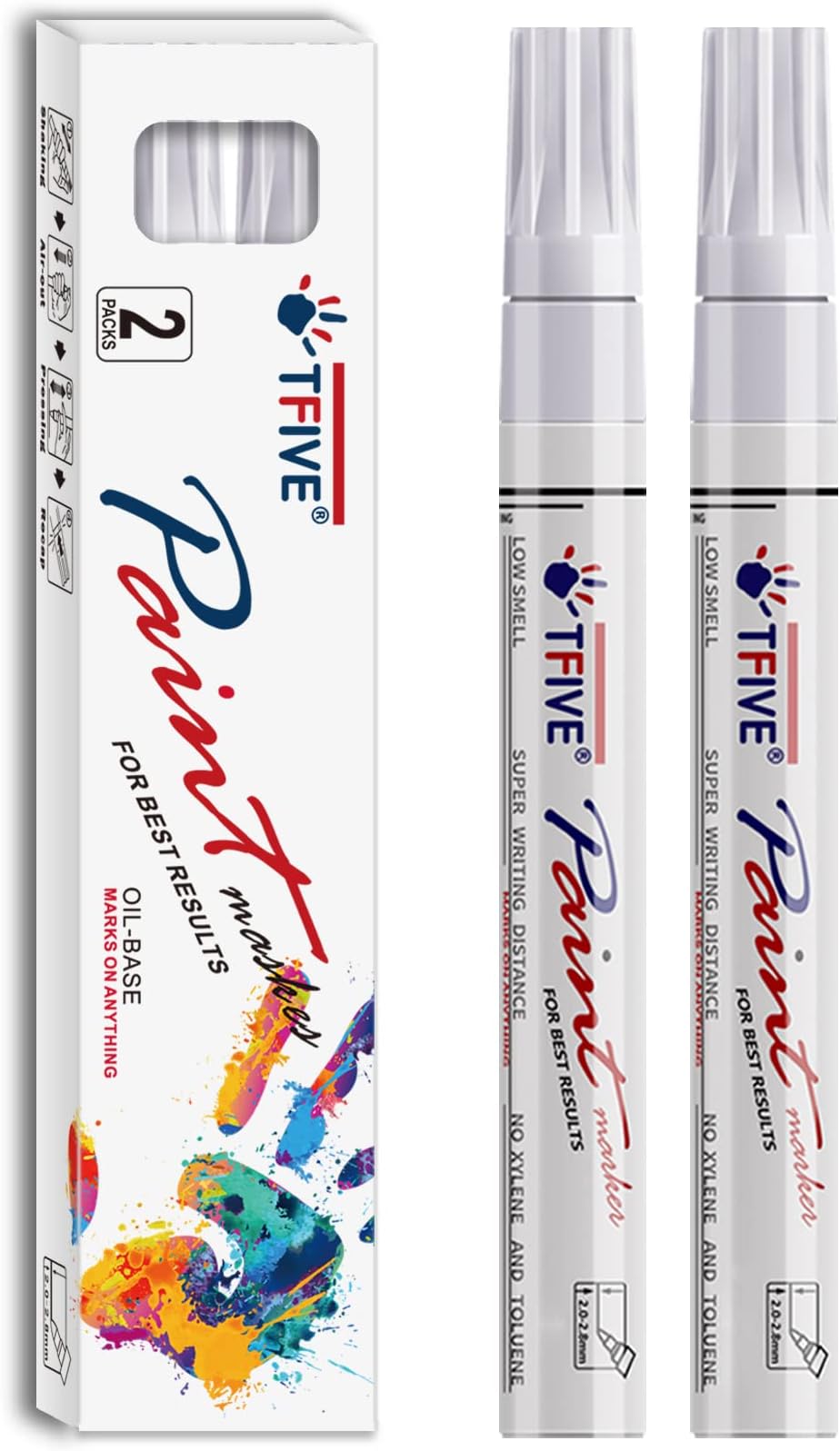 TFIVE White Permanent Paint Marker Pens - 2 Count Oil Based Marker Pen, Medium Tip, Waterproof & Quick Dry, for Office, Art projects, Rock Painting, Ceramic, Glass, Wood, Plastic, Metal, Canvas