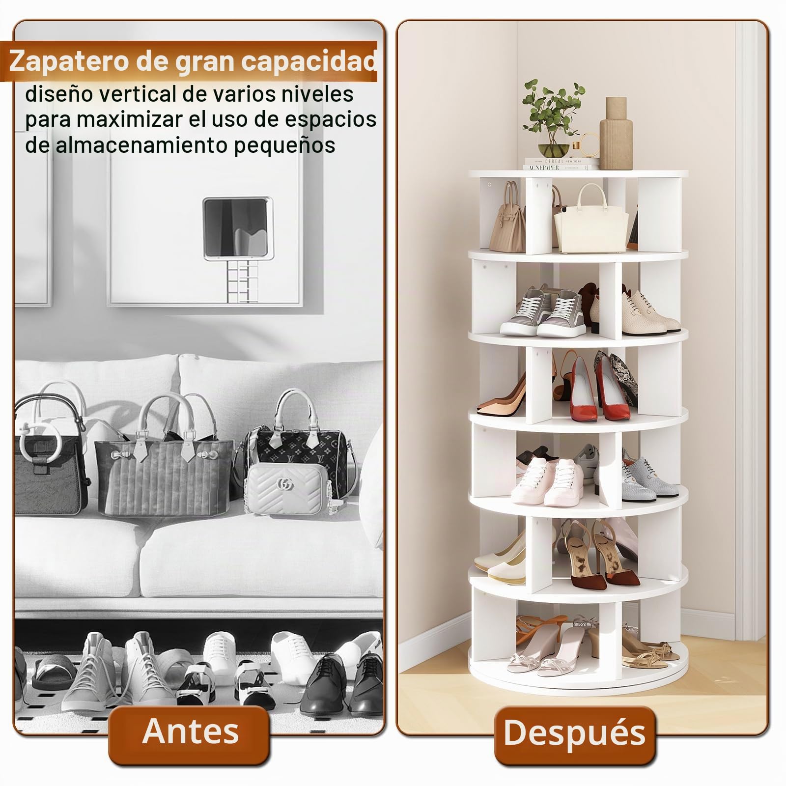 IBUYKE Zapatero Giratorio de 6 Niveles, Estante de Zapatos Giratorio 360°para 24 Pares de Zapatos, Organizador Vertical Redondo para Zapatos y Bolsos para Armario Pasillo Sala de Estar, Blanco WSR006W