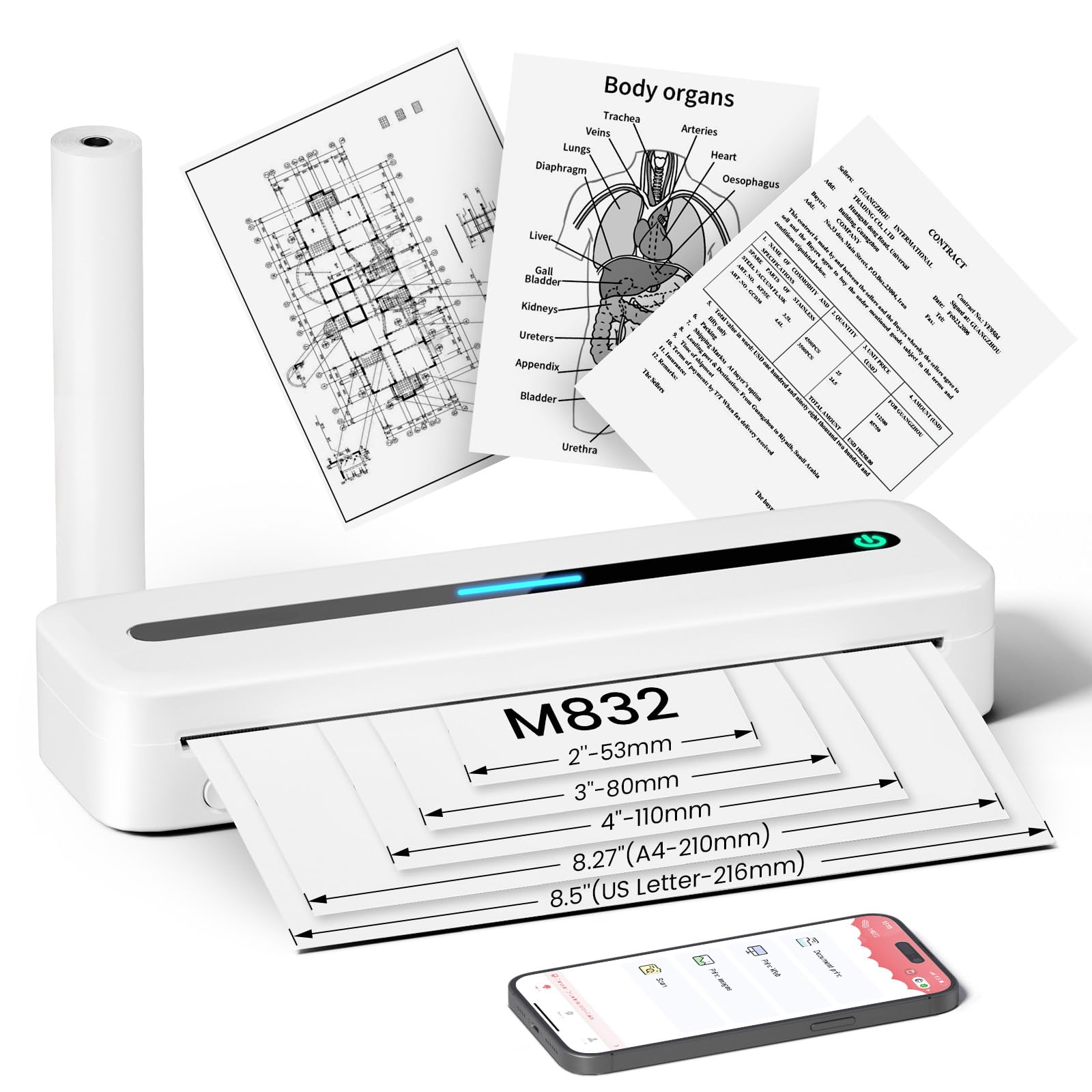 COLORWING M832 Stampante Termica Portatile A4 Bluetooth Senza Inchiostro