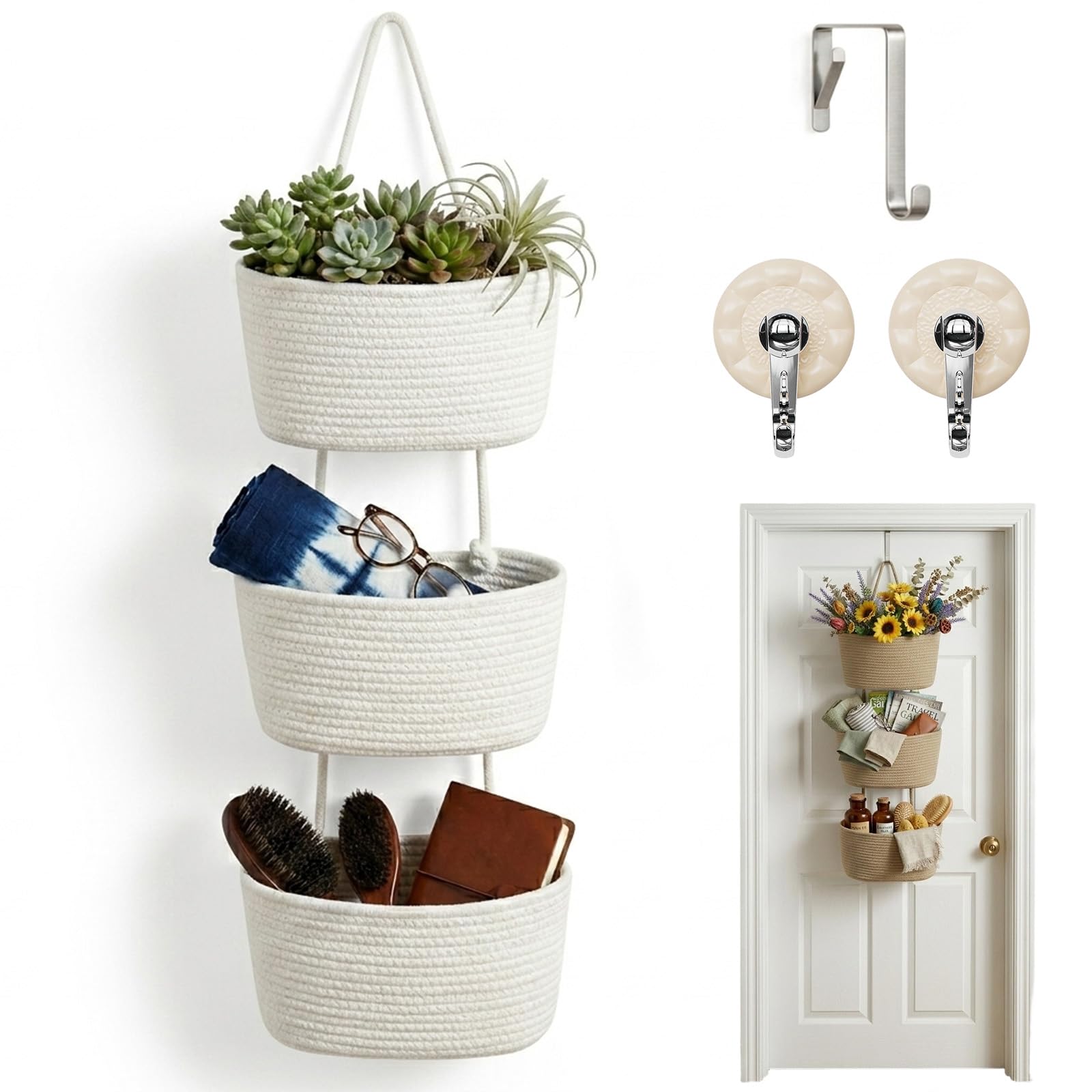 3-Tier Woven Hanging Storage Baskets, Cotton Rope Woven Storage Basket with Hooks, Wall Mount Storage Organiser Bag for Livingroom Kitchen Bedroom Decorative (White)