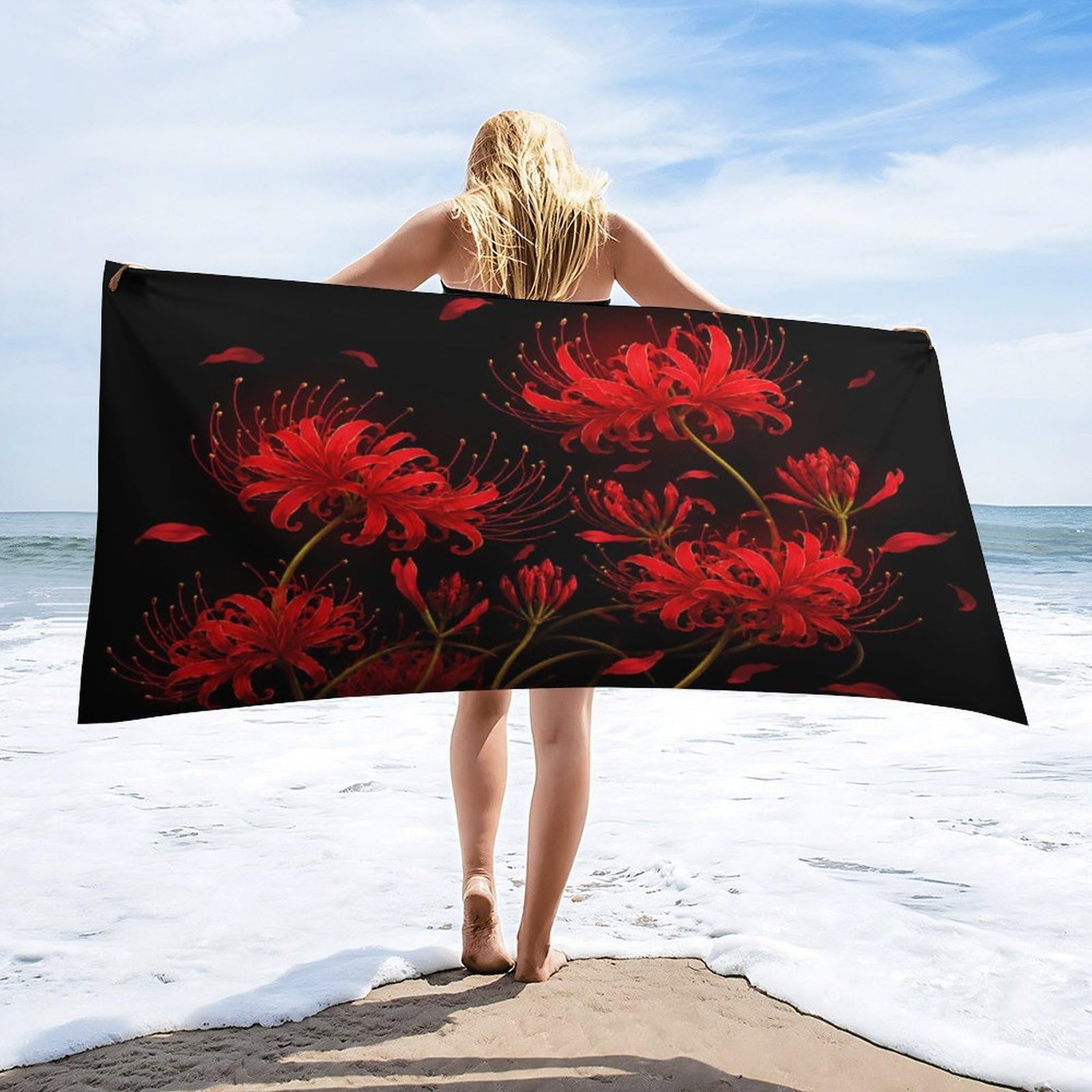 Anceky Red Spider Lily Flowers Beach Towel 30"×60",Soft Microfiber Bath Towel Shawl, Quick Dry Absorbent Pool Spa Gym Shower Towel