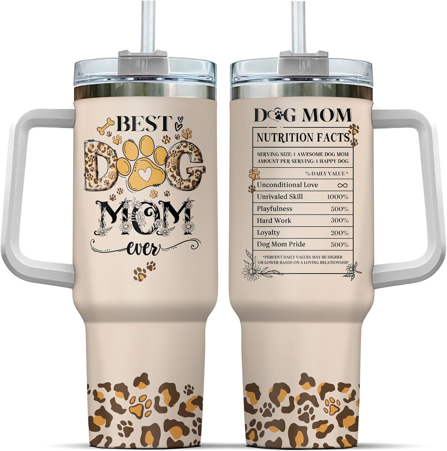 Dog Mom Leopard Nutrition Facts, Tumbler 40 Oz With Handle Lid And Straw, Dog Mom Gifts, Mommy Day Mothers Handle Mama World Cups Print Simple Best Modern Women Black Eleven