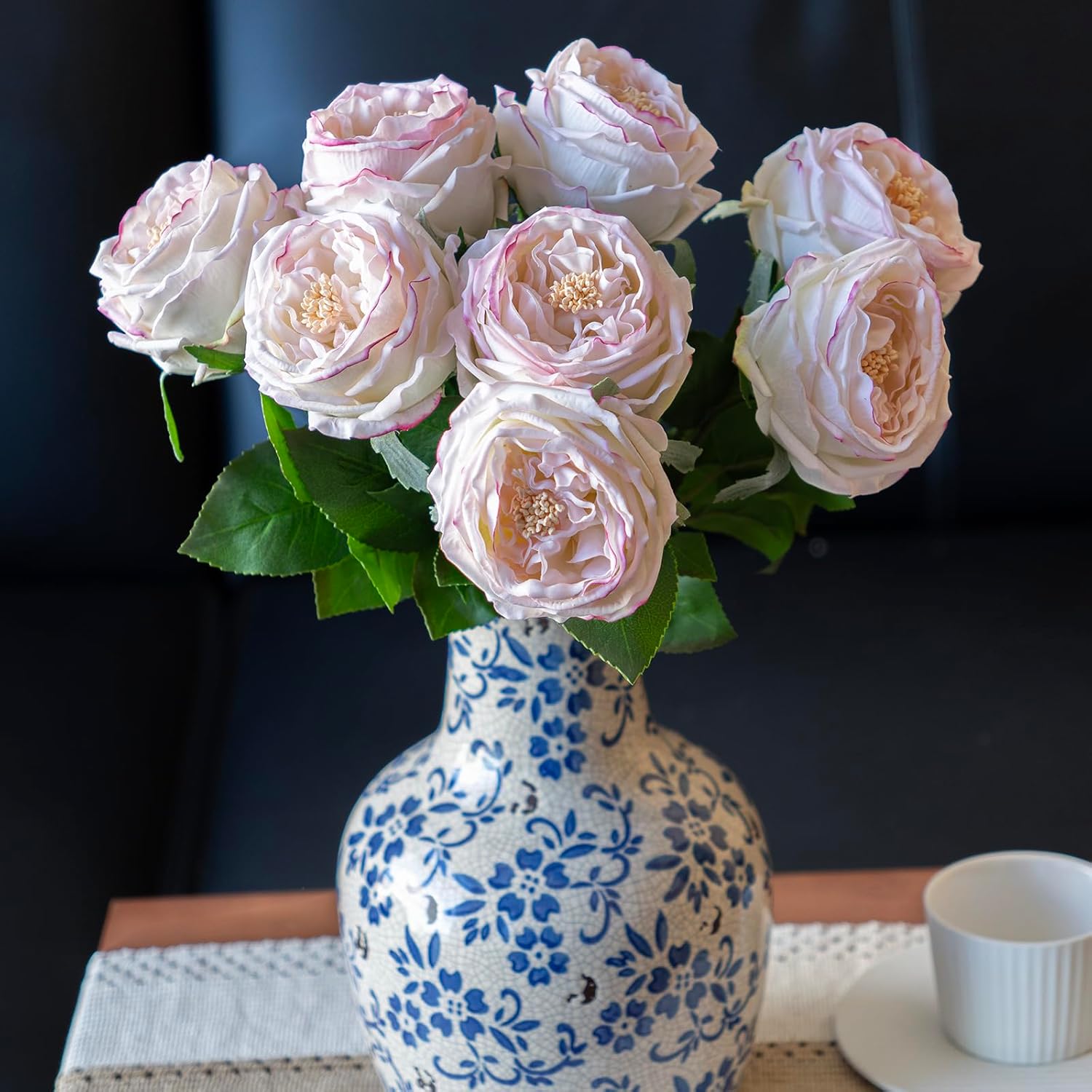 Light Pink 4pcs Fake Flowers for Decoration Home Decor Artificial Flowers Austin Rose Peony Latex Fake Flower Living Room Decoration Vivid Pink Roses Peonies(Pink Edge 4pcs) - Image 3