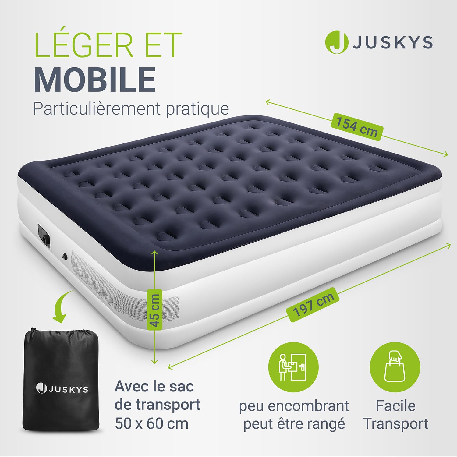 Juskys Matelas Gonflable Sapri L - lit Gonflable Automatique autogonflant pour 2 Personnes - Matelas Gonflable comme lit d'appoint ou pour Le Camping - Pompe intégrée