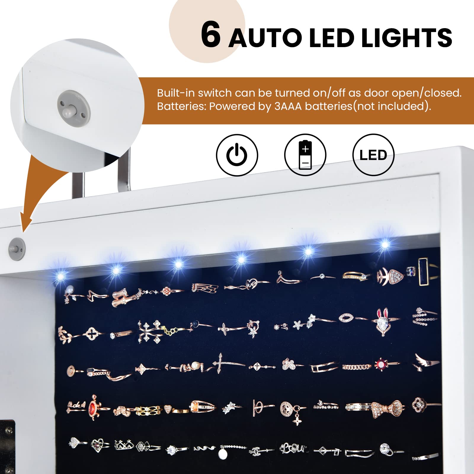 RELAX4LIFE Schmuckschrank hängend, Spiegelschrank mit 2 Schubladen & 6 LEDs & Schloss, Schmuckorganizer für Ohrringe & Armband & Kette & Ringe & Kosmetik, Beleuchtungen, Tür- & Wandmontage (Weiß)