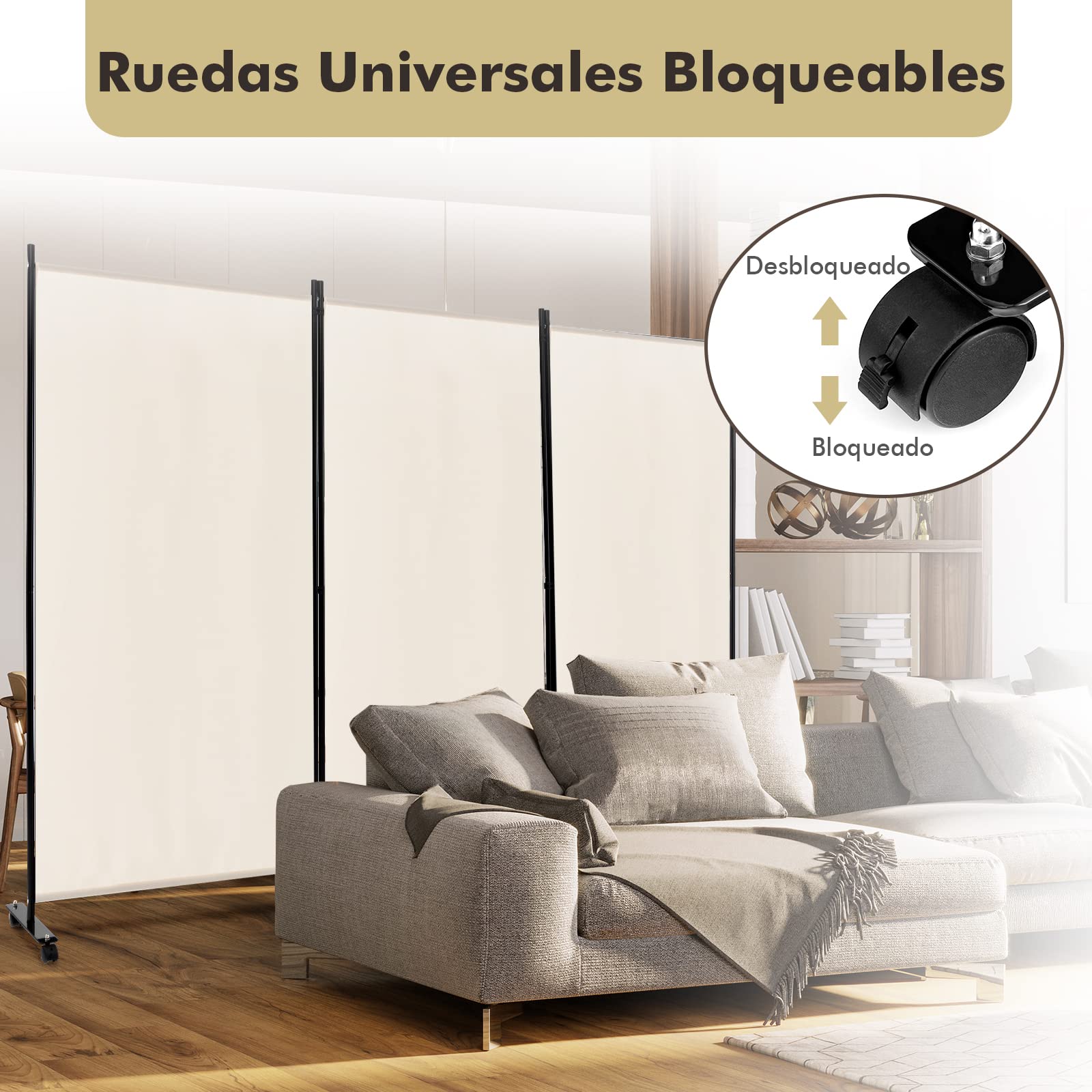 COSTWAY Biombo Separador de Ambientes de 3 Panel con Ruedas Bloqueables, Pared de Separador, Separador de Privacidad Independiente para Sala de Estar, Dormitorio