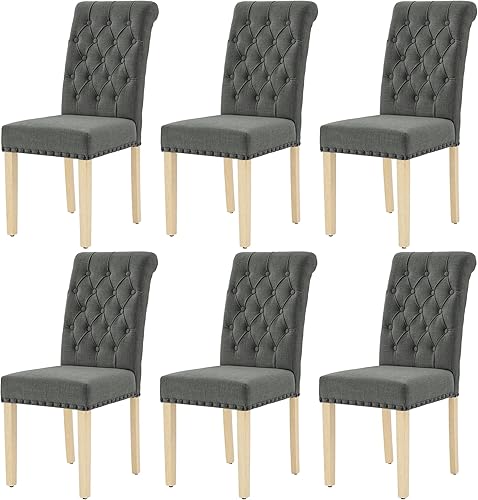 Miniatura 48 de LOULENS Juego de 2 sillas de comedor de tela, modernas sillas Parson tapizadas de lino con ribete de cabezas de clavos, botones acolchados, patas de