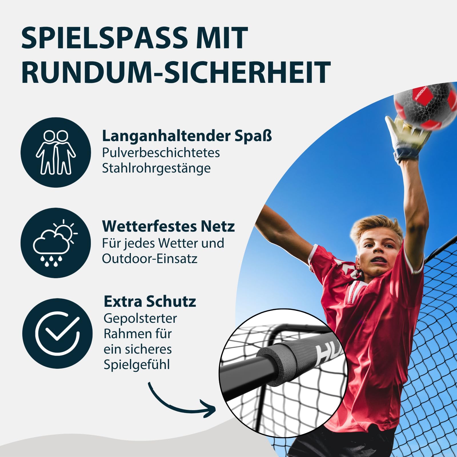 HUDORA Fußballtor Pro Tect Lite – Garten Fussballtor mit Pfosten-Polsterung für den Outdoor Einsatz – schneller Aufbau Dank Click-Verbindungen – Stabiles Tor aus Stahl für Kinder/Jugendliche