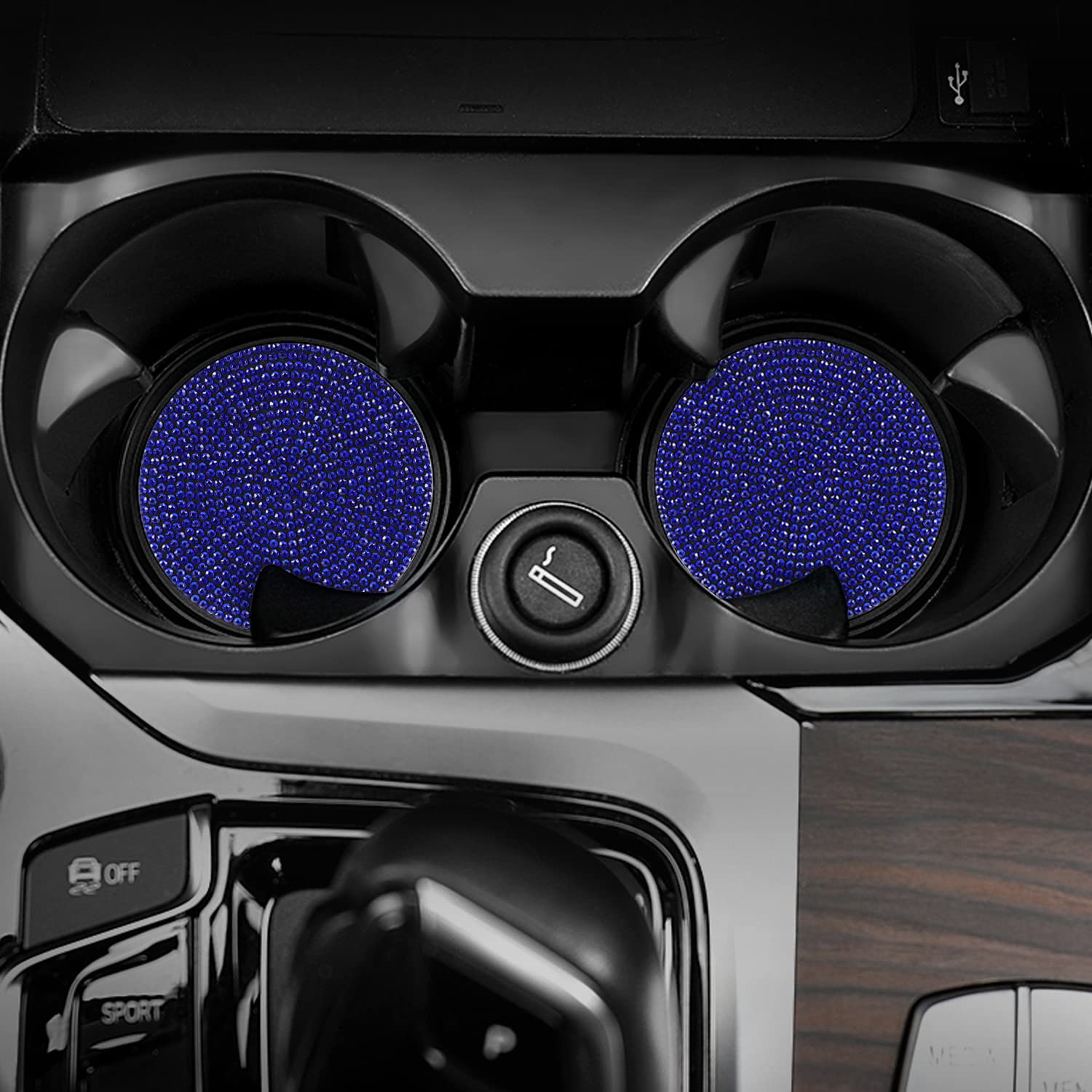 Ouzorp Car Cup Holder Coaster, 2 Pack Fashion Universal Auto Anti Slip Cup Holder Insert Coaster, Bling Crystal Rhinestone Car Interior Accessories for Women (Blue) …