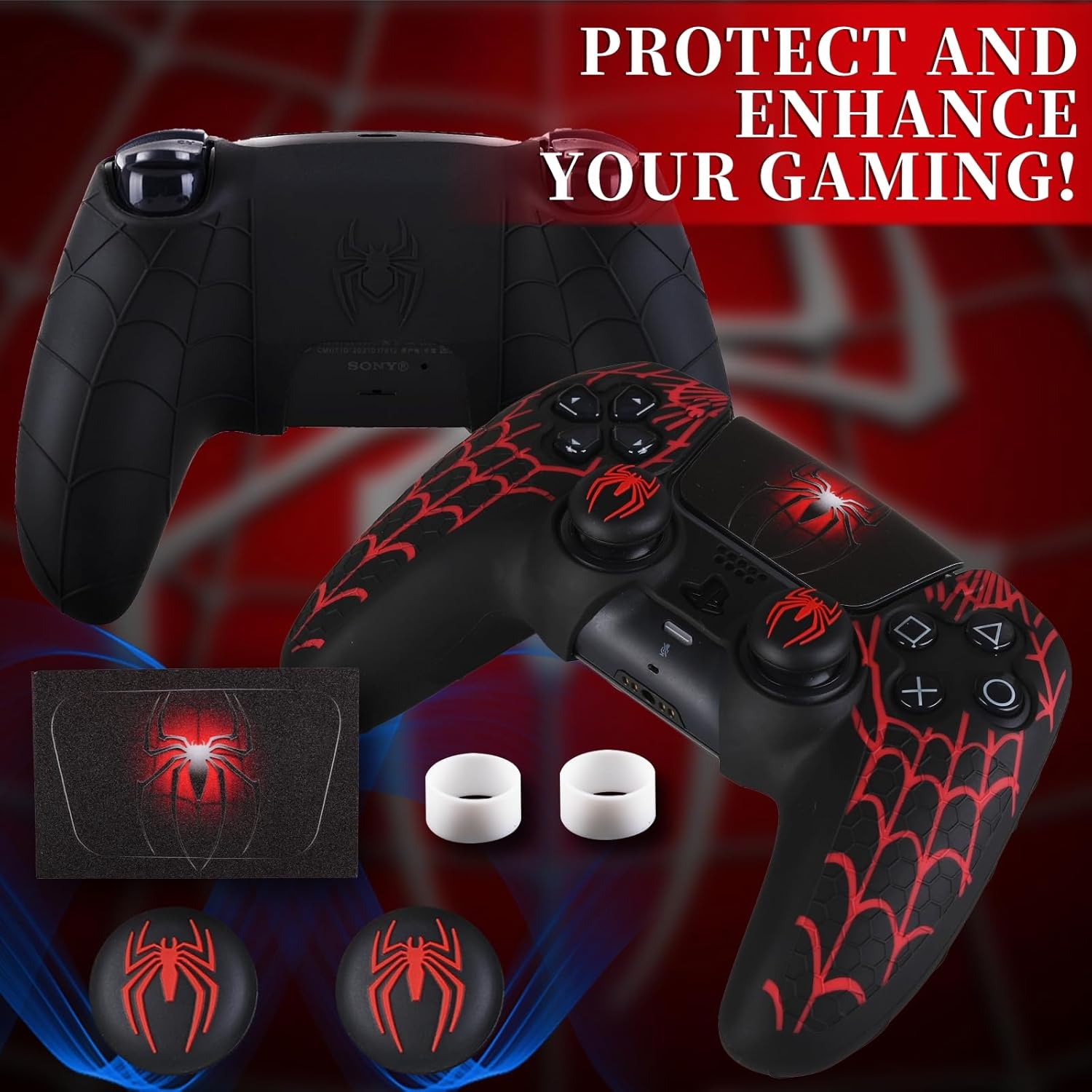 Non-Slip Silicone Cover for PS5 Controller with Thumbstick Caps x 2 & Sticker x 1(Spider Web) - Image 7