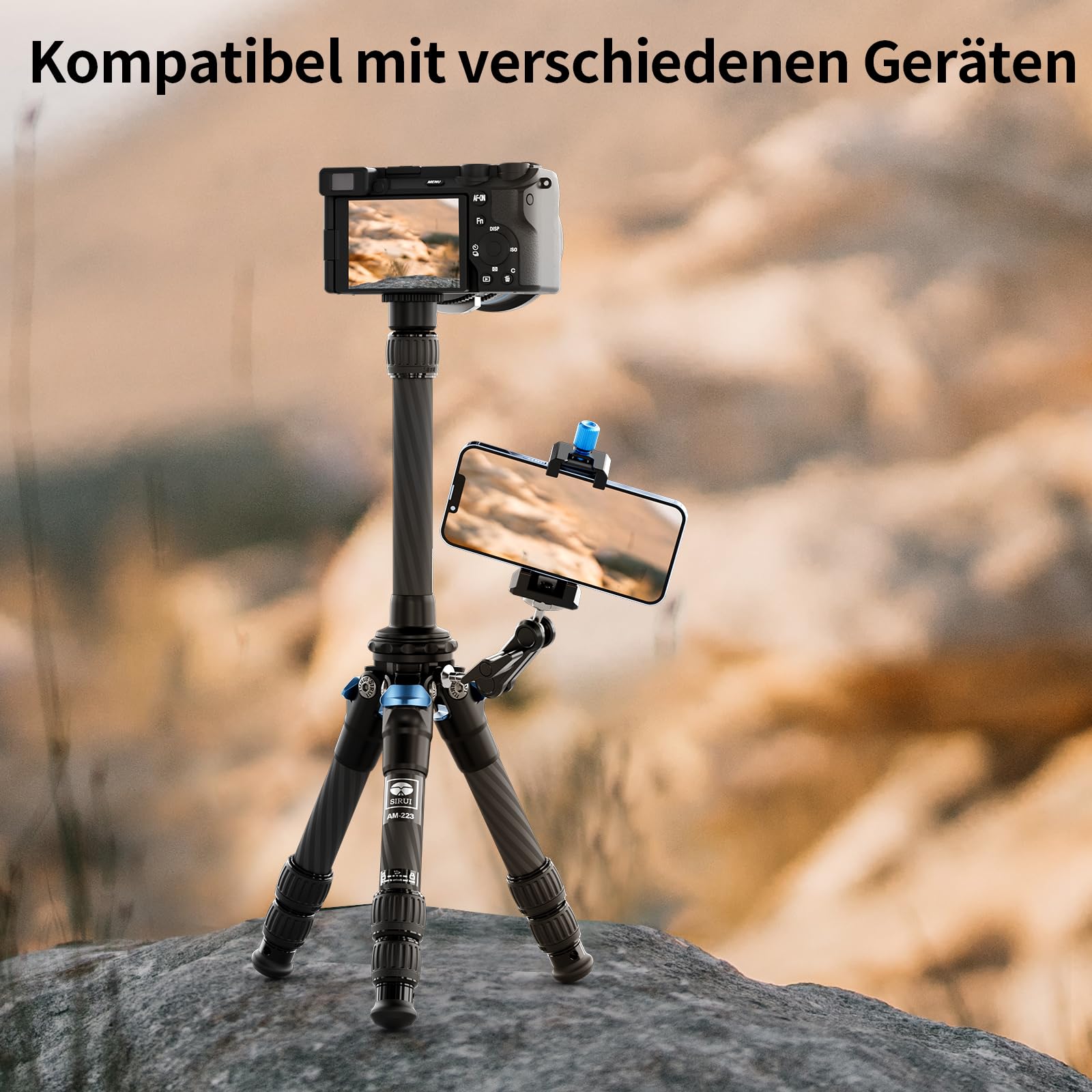 SIRUI AM-223+SL-100 Mini Carbon Tisch Stativ mit ausziehbarer Mittelsäule,Leicht Foto Ministativ Tischstativ für Kameras, Drehverschlüsse, Spikes, max. 660mm eingezogen 215mm, Tragkraft 12kg
