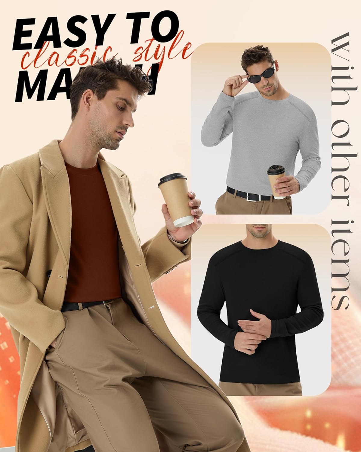 3 Pack Men's Big and Tall Thermal Shirts, Fleece Lined Long Sleeve Tees Warm Crew Neck Undershirt Tops - Image 6