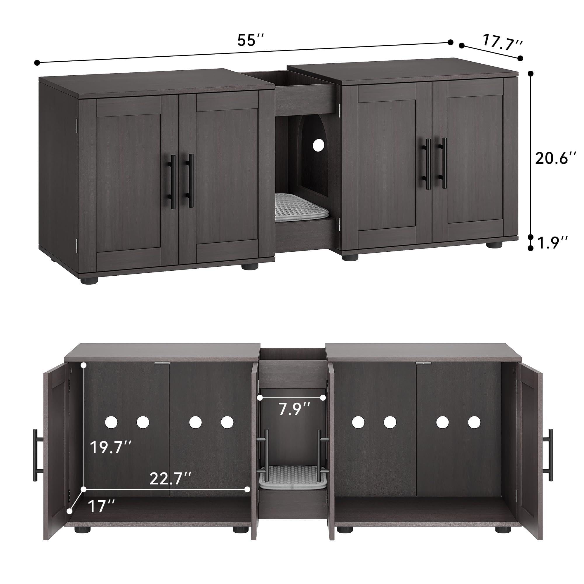 Meuble Cache-Litière Design Fermé pour 2 Chats, Double Compartiment en Bois, Maison de Toilette Discrète, Rangement Pratique, Facile à Nettoyer, Dimensions 140x45x57 cm, Couleur Blanc