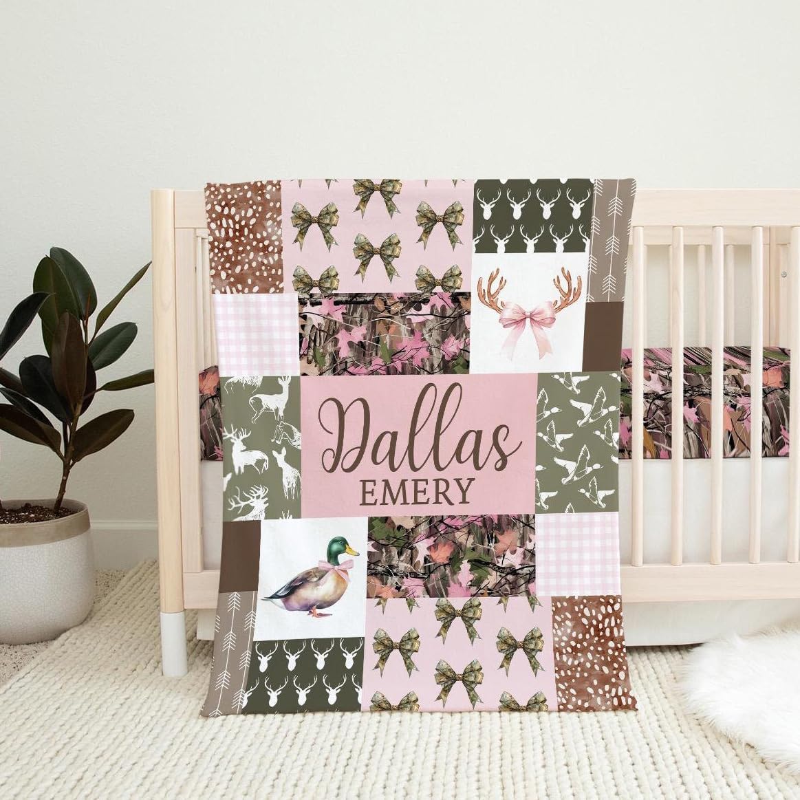 Hunting Baby Girl Blanket, Personalized Mallard Duck Deer Camo Name Blanket, Pink Bow Bedding, Baby Gift