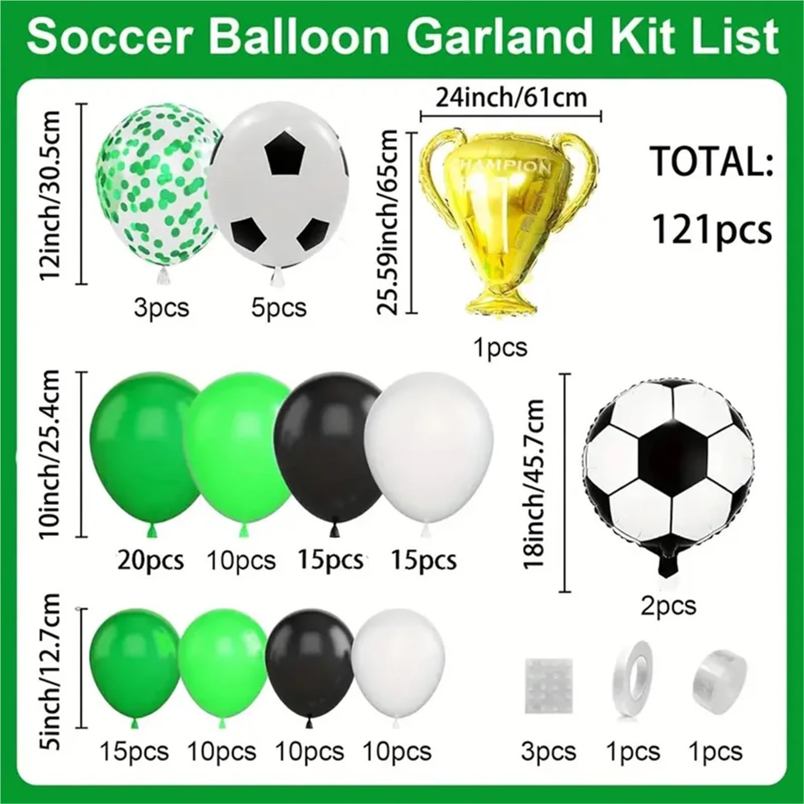 121 Uds. Kit de arco guirnalda globos látex negro, blanco y verde con tema fútbol for decoración fiesta cumpleaños boda para Fiestas