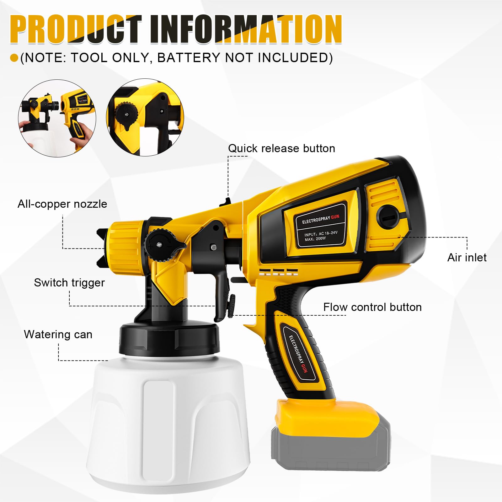 Pistola de Pintura sin Cable Compatible con DeWalt 20V batería, con Recipiente de 1000 ml, 5 boquillas, 3 Patrones, Cepillo de Limpieza, Guantes y Gafas de Seguridad (sólo Herramienta)