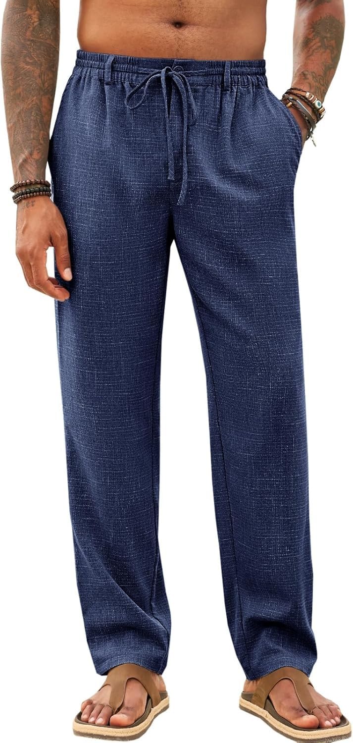 Runcati Herren Hose Lang Bügelleicht Freizeithose Männer Leicht Sommerhose Strand Yogahose mit Taschen Elastischer Bund