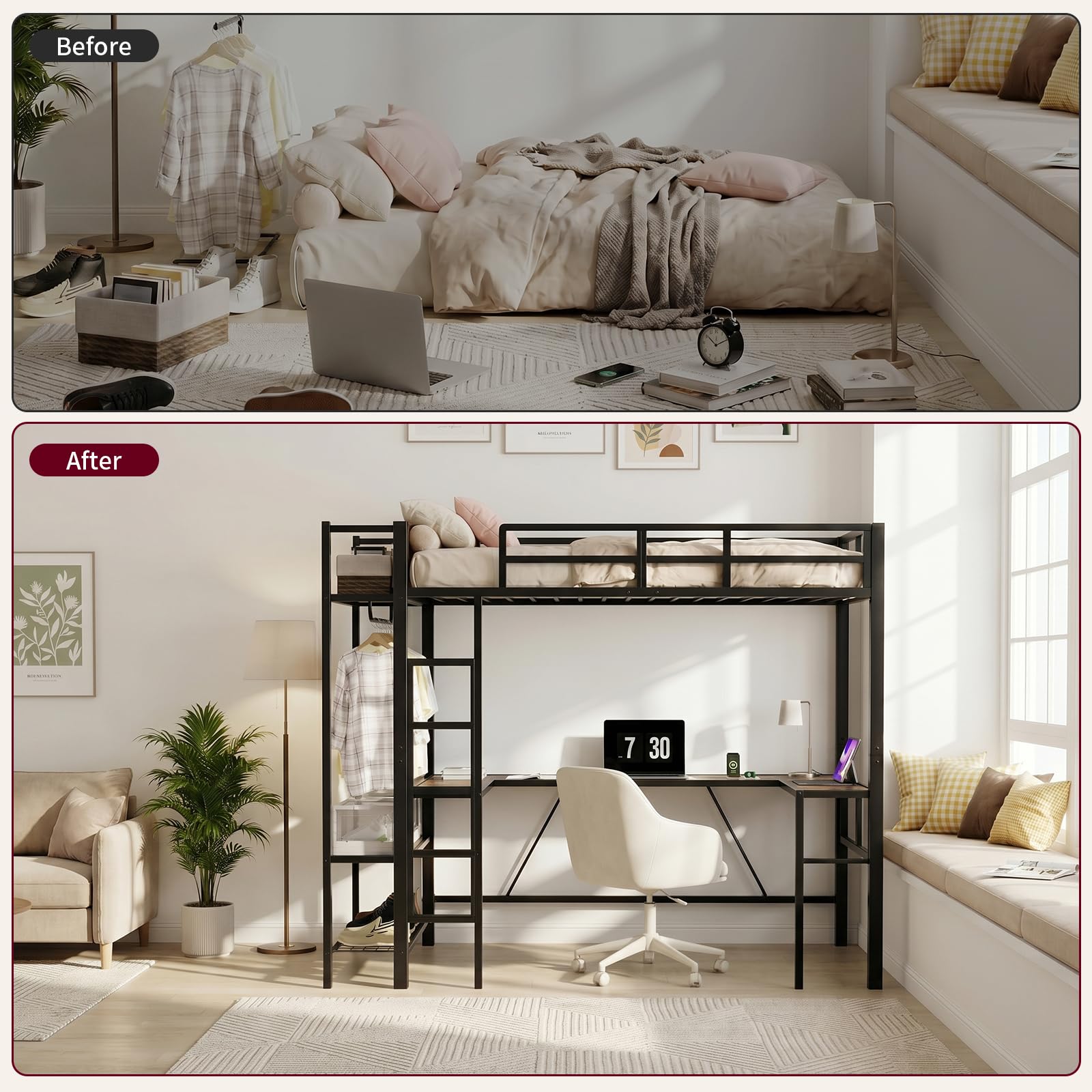 EGGREE Letto a Soppalco 90x200 cm con Scrivania a L, Presa e USB, Letto in Metallo con Appendiabiti, Scarpiera e Ripiani, Letto Salvaspazio per Cameretta, Nero