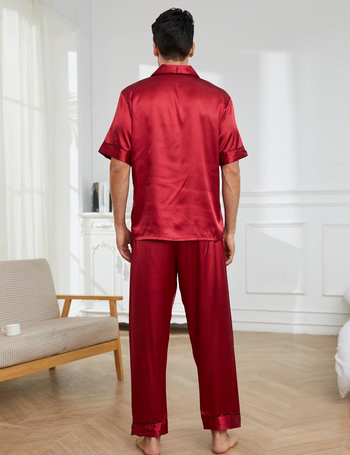 GAESHOW Mens Silk Pajama Set, Short Sleeve Silk Satin Pajamas for Men Soft Mens Loungewear Sets 2 Piece Button Down Pjs Set - Image 3