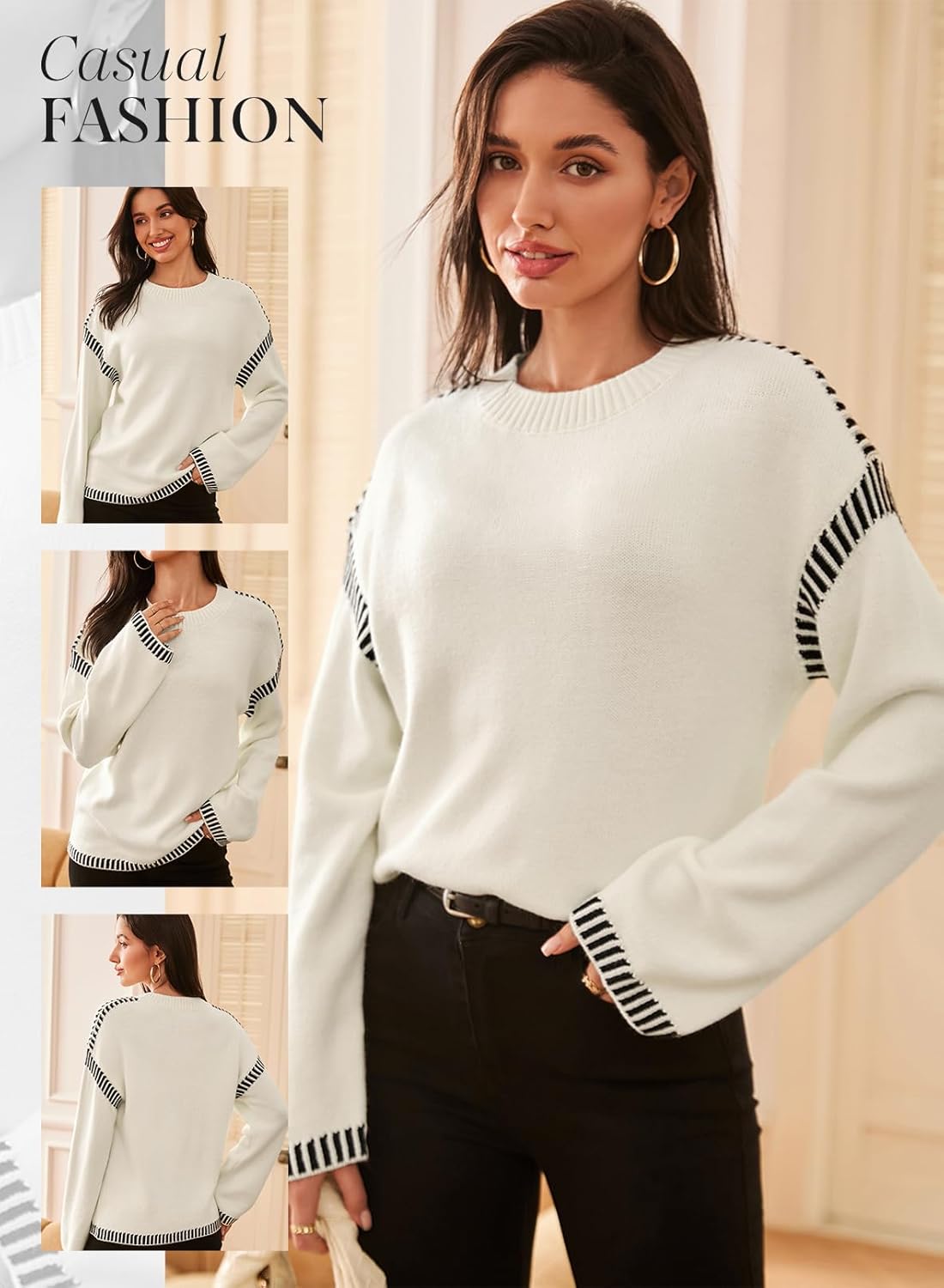 Dokotoo Sweaters for Women Fashion Solid Crewneck Loose Fit Long Sleeve Contrast Cable Knit Pullover Sweater Jumper Tops - Image 5