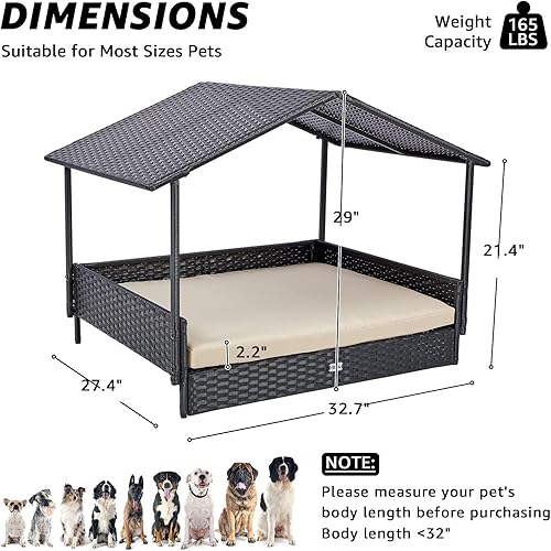 Miniatura 8 de NATURAL EXPRESSIONS Casa de perro de mimbre 2 en 1, cama elevada para perros para interiores y exteriores con toldo extraíble, casa grande para