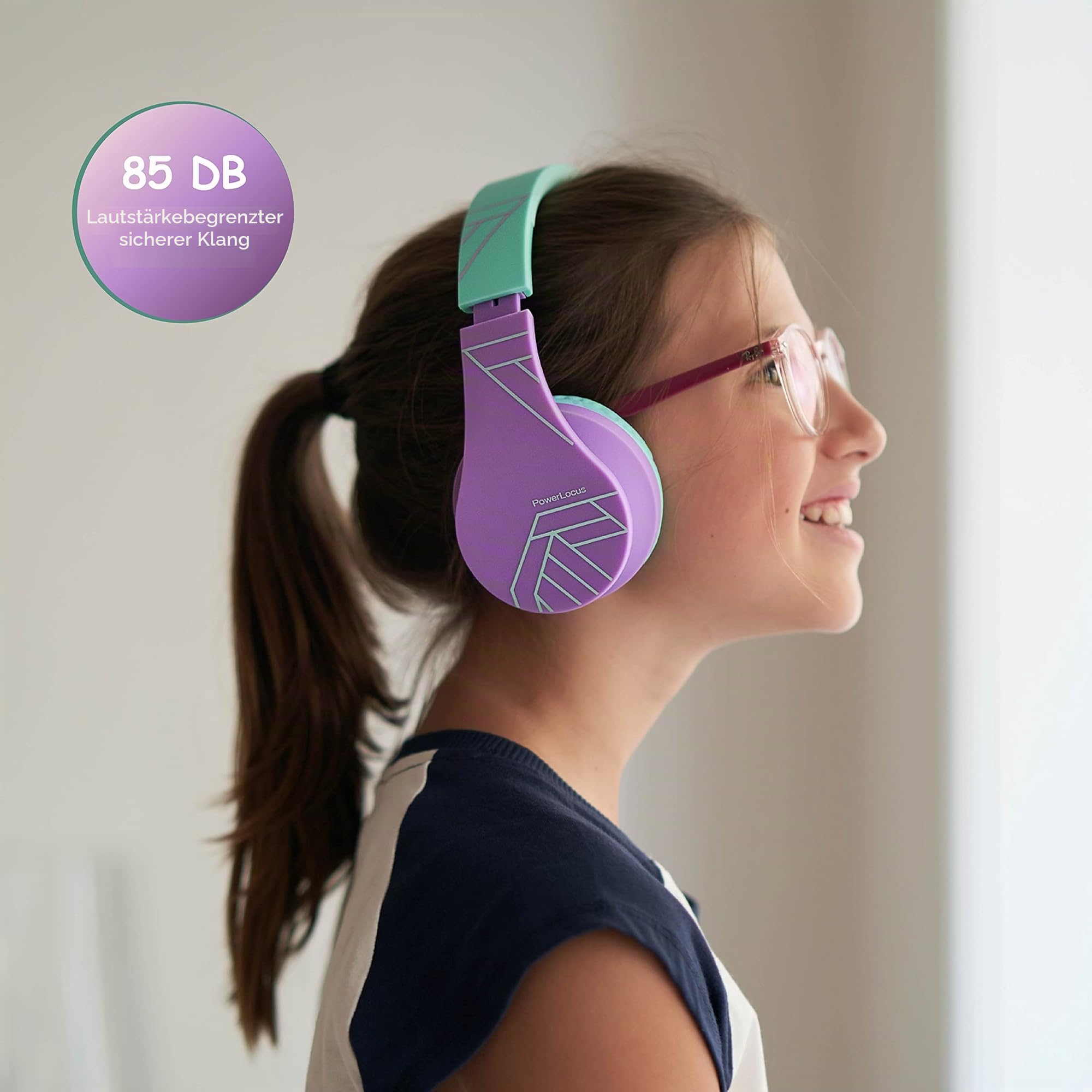 PowerLocus Bluetooth Kopfhörer Kinder, Kinderkopfhörer Over-Ear mit 85dB Lautstärkebegrenzung, Faltbar, Bluetooth 5.3, Micro SD, Kabellos und Kabel, Eingebautes Mikrofon für Handy/Tablet/Reise