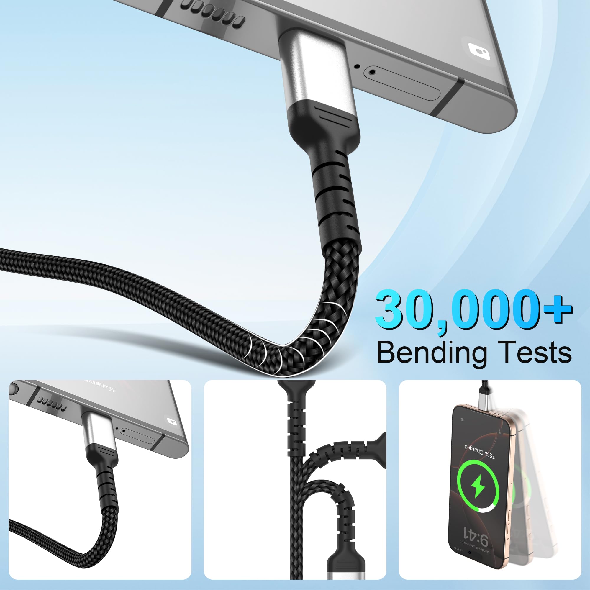 Lot de 3 cavi USB C, 50 cm, 60 W, cavo dati USB C a USB C, intrecciato, carica rapida, cavo di ricarica USB-C, corto, per iPhone 16/15 Pro Max, Samsung S25/S24, MacBook Pro/Air, Huawei P80