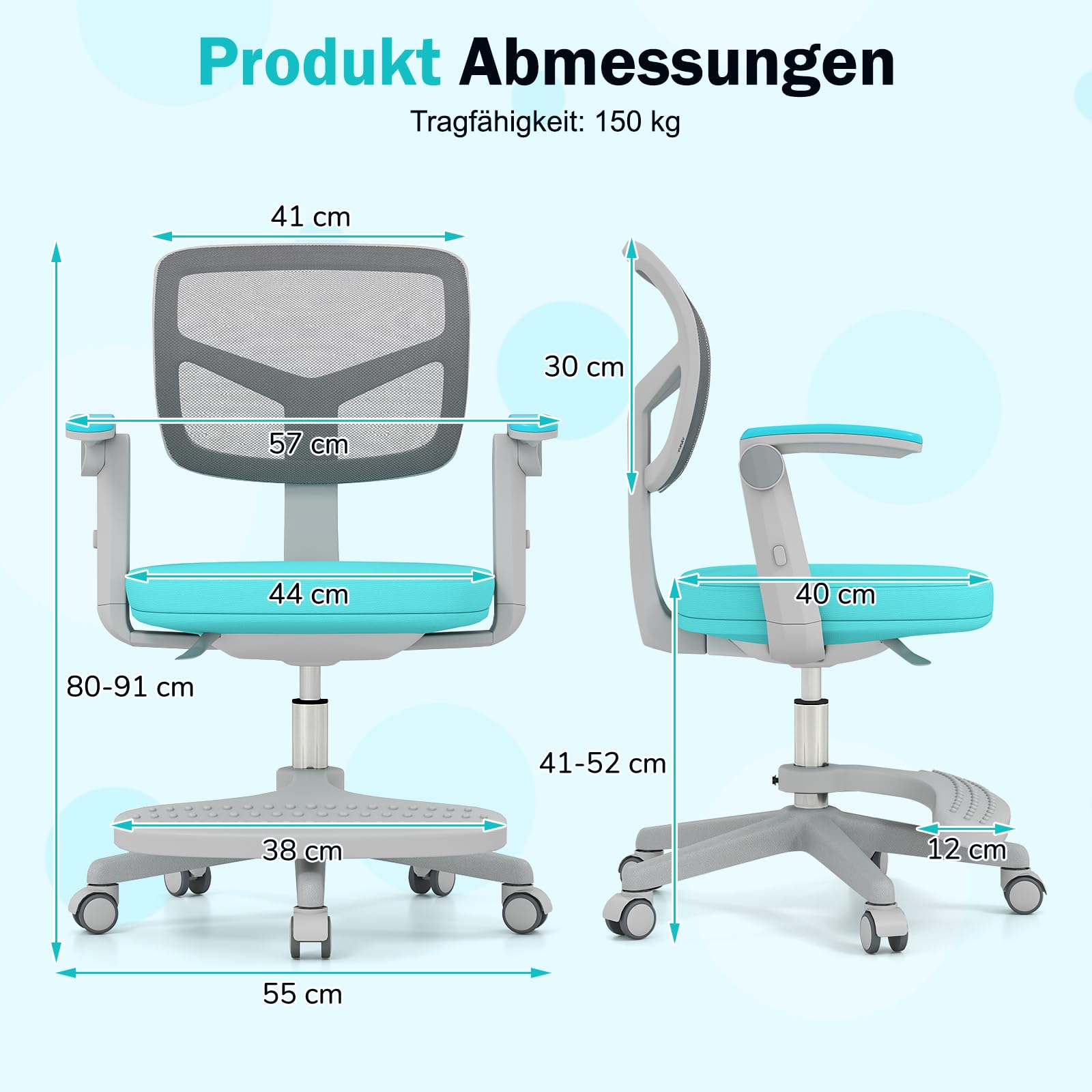GOPLUS Schreibtischstuhl Kinder, höhenverstellbarer Kinderdrehstuhl mit Fußstütze, Kinderschreibtischstuhl mit klappbaren Armlehnen & Rollen, Sitzhöhe 41-52 cm, für 3-15 Jungen & Mädchen (Türkis)