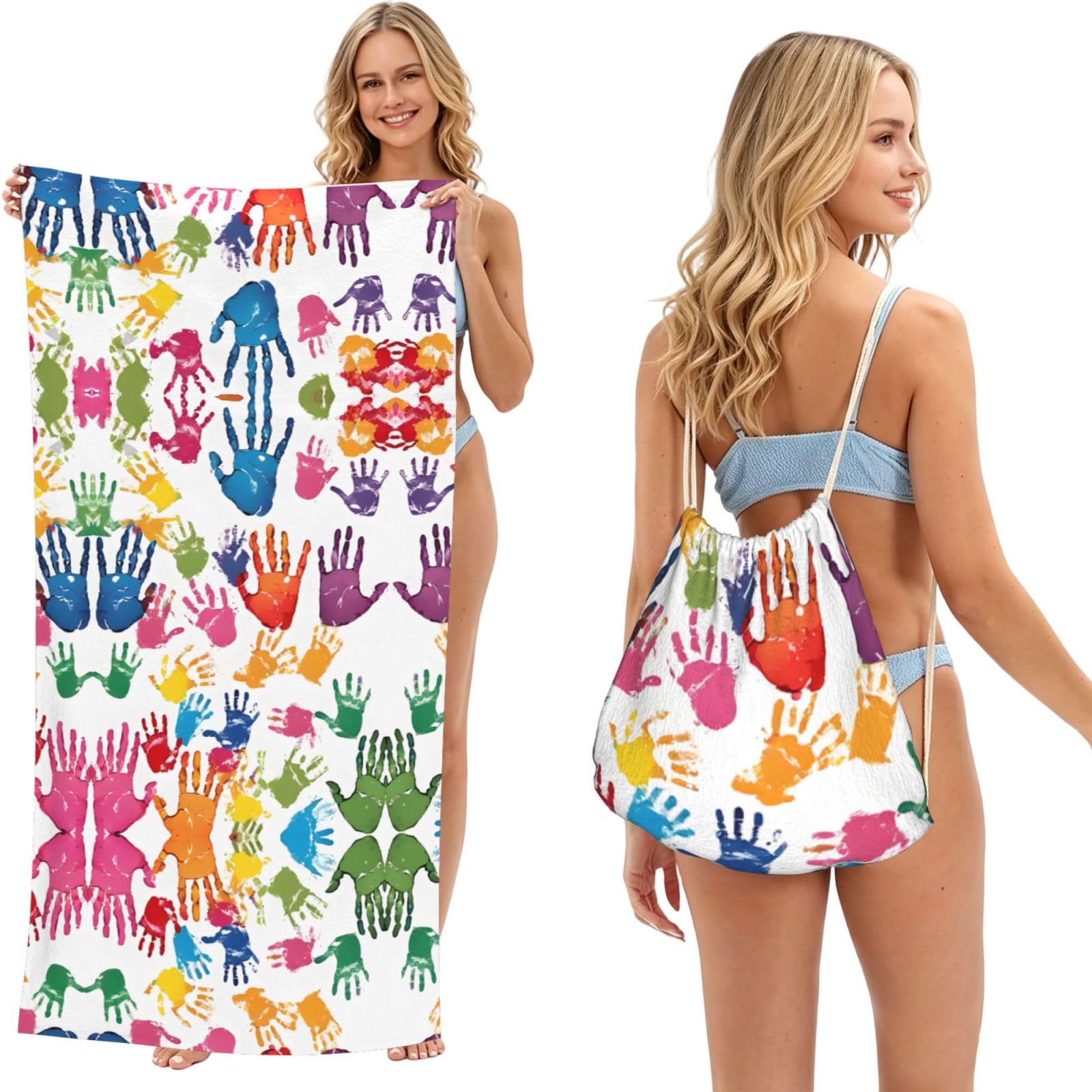 EZDLOWVBA Hand Print Print Beach Towel Backpack 2 In 1 Summer Large Lightweight Beach Towel - Multifunctional Ship Pattern Towel Bag For Storage,Sport