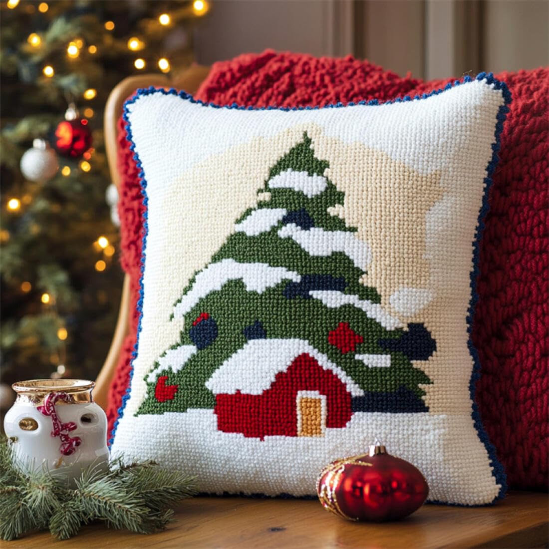 Kitquiver Latch Hook Cushion Kits Cartoon House Cross Stitch Pillowcase Making Kits,DIY Latch Hook Rug Kit Embroidery 17x17In