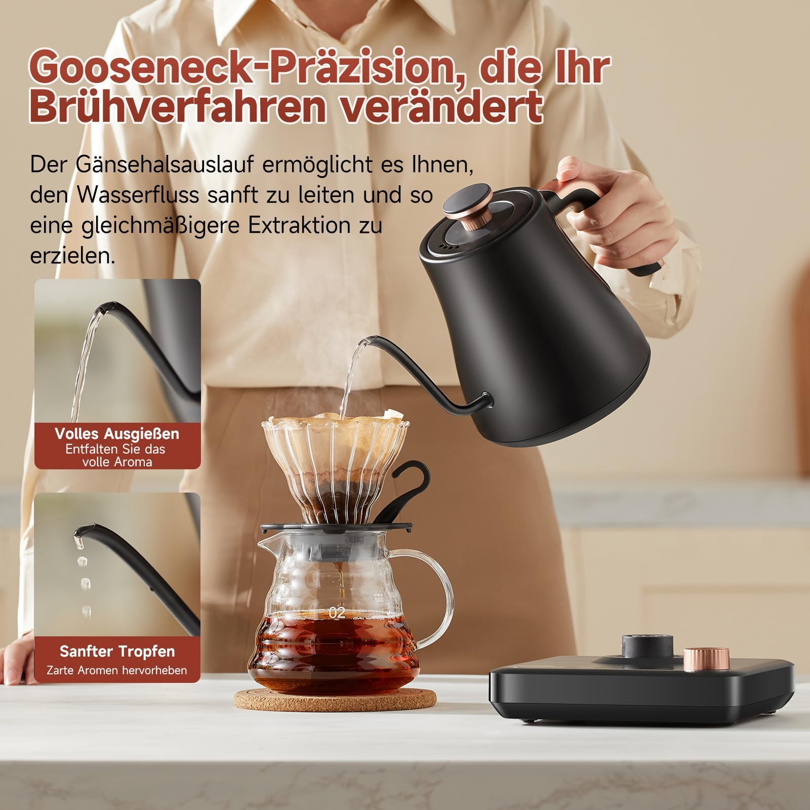 OLEGA wasserkocher schwanenhals: 1200W wasserkocher mit temperatureinstellung, 0.8L Edelstahl schwanenhals wasser kocher, LED-Anzeige & Warmhaltefunktion kettle, Geeignet für Kaffee und Tee, schwarz