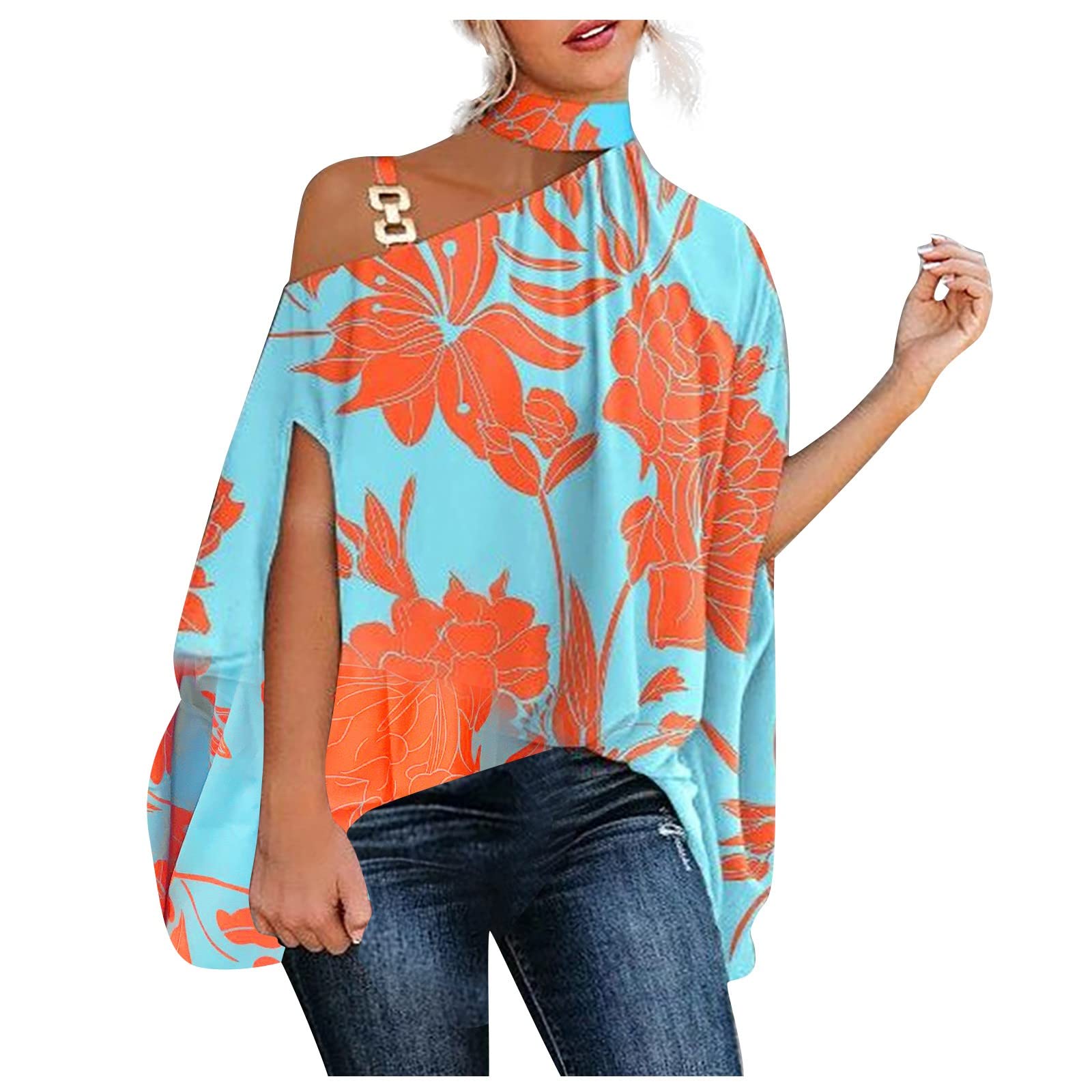 GenericShirt Womans Summer Wedding High Neck Batwing Sleeve Blouse Cool Loose Fitting Printing Pop Shirt Ladie's