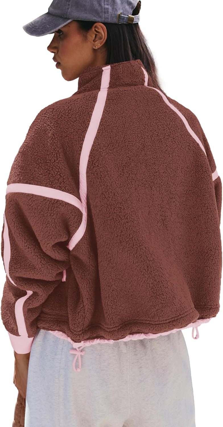 ReachMe Womens Fleece Jacket Zip Up Sherpa Jackets Striped Sweatshirt 2025 Winter Coats Warm Fuzzy Pullover - Image 4