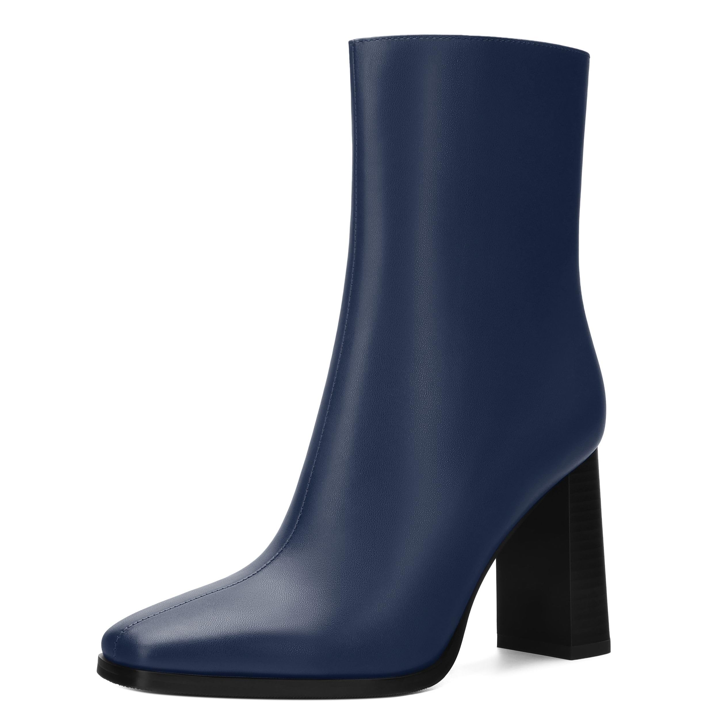 MISEZOXI Womens Ankle Boots, Square Toe High Heel Short Boots for Women, Fashion Chunky Heel Mid Calf Boots with Side Zipper 3.5 In