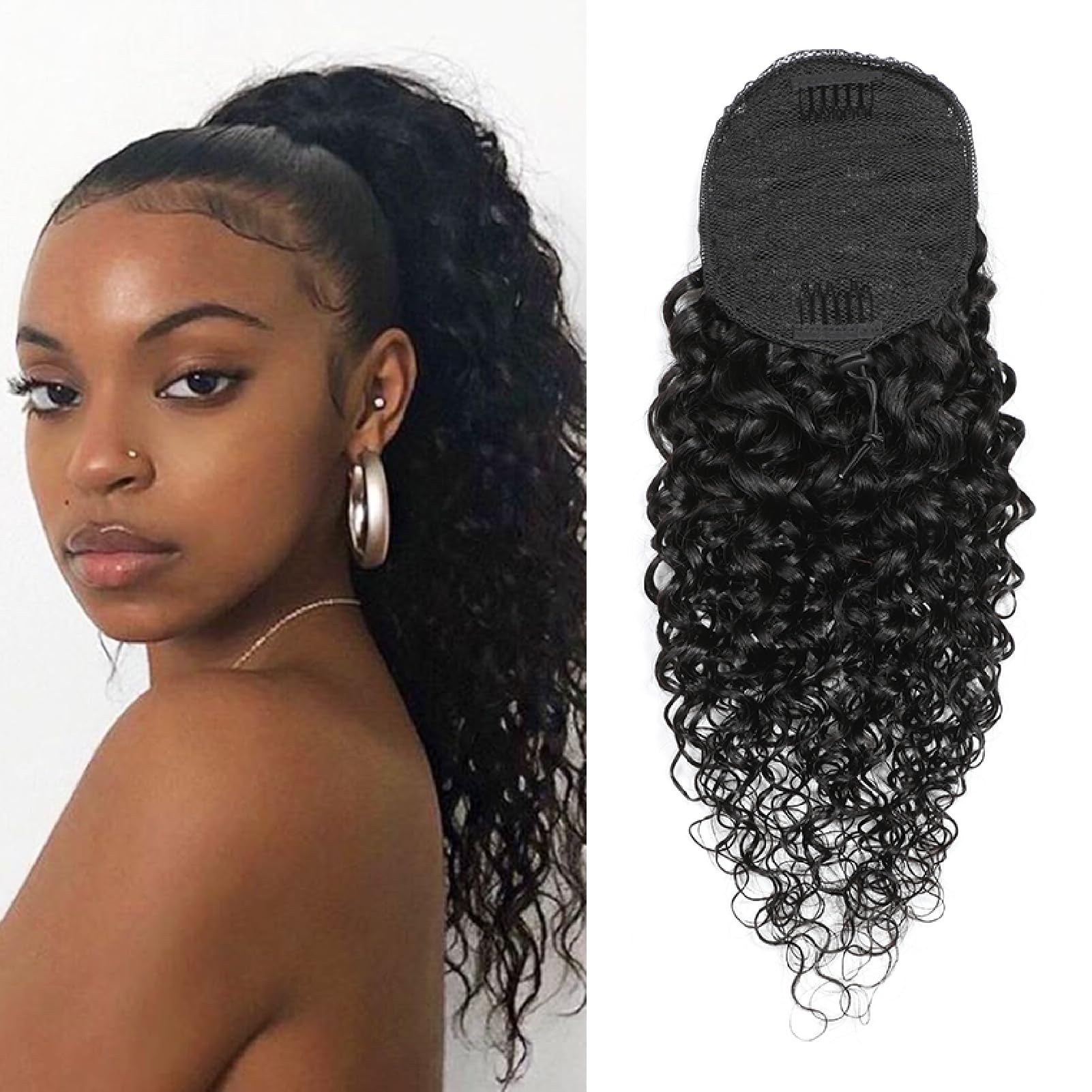Yacurcur Water Wave Drawstring Ponytail Brazilian Remy Human Hair Ponytail Extensions for Black Women Ponytail Extension Human Hair Pieces Natural Black 16 Inch