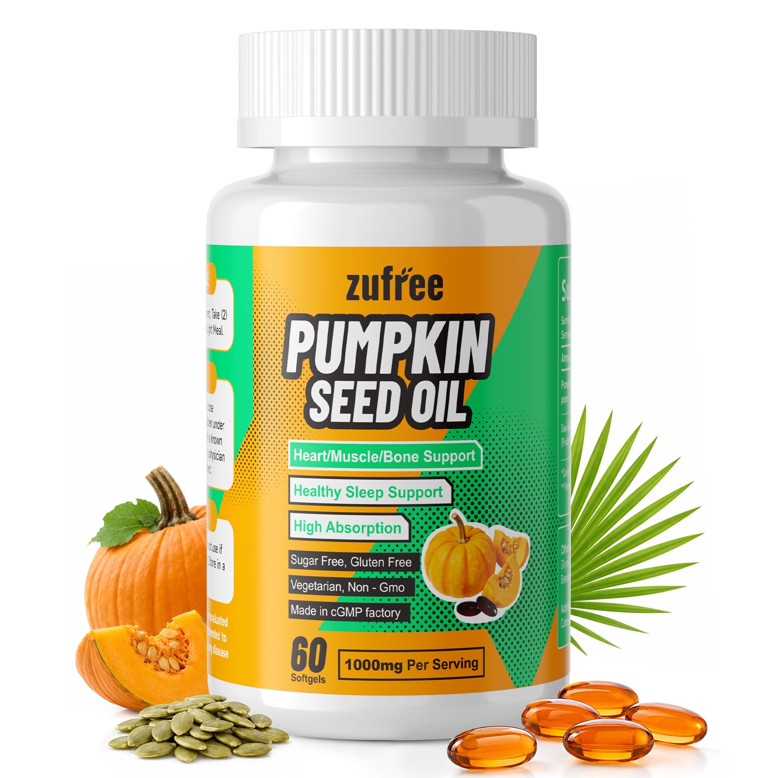 Pumpkin Seed Oil with Saw Palmetto 60 Softgels, Cold-Pressed 1000mg Per Serving, Supports Prostate, Urinary, Bladder & Hair Health, Non-GMO
