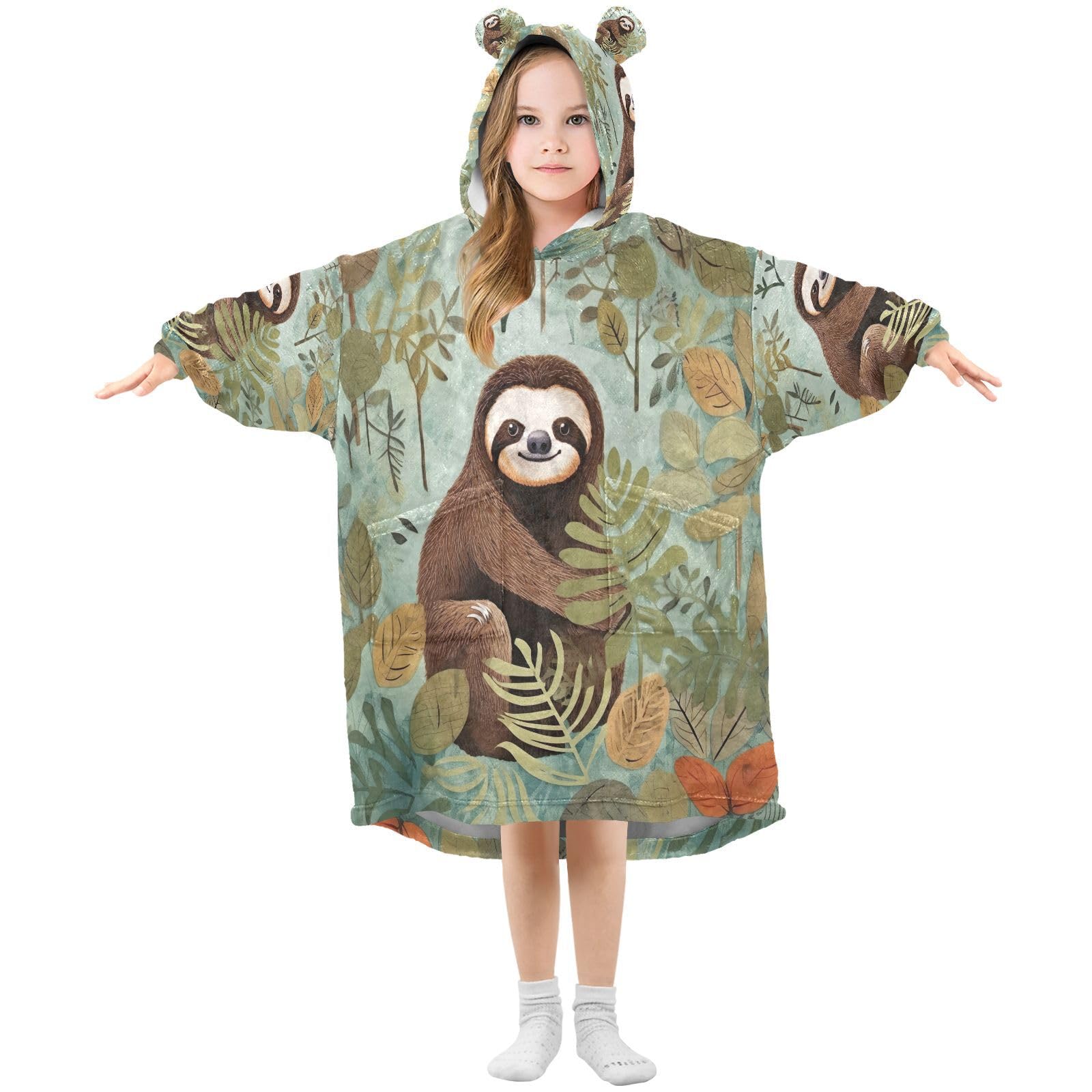 Ewusp Cute Sloth Wearable Blanket Hoodie for Kids Oversized Hooded Sweatshirt Flannel Blanket with Pocket