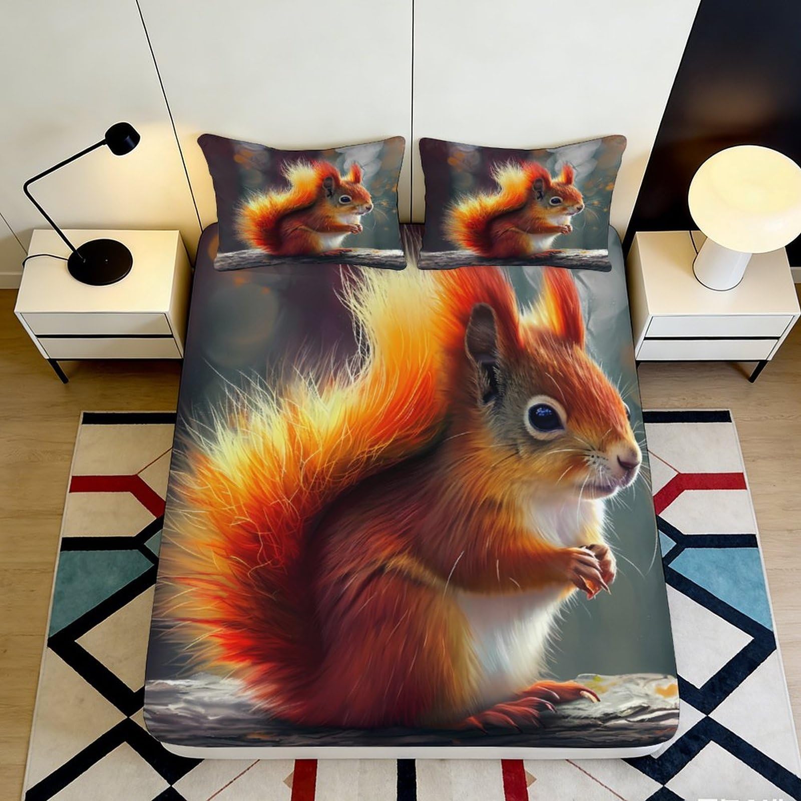 3D Printed Squirrel Forest Fitted Sheet Microfiber Soft Autumn Woodland Mattress Cover for Bedroom Decor 90x200x25cm