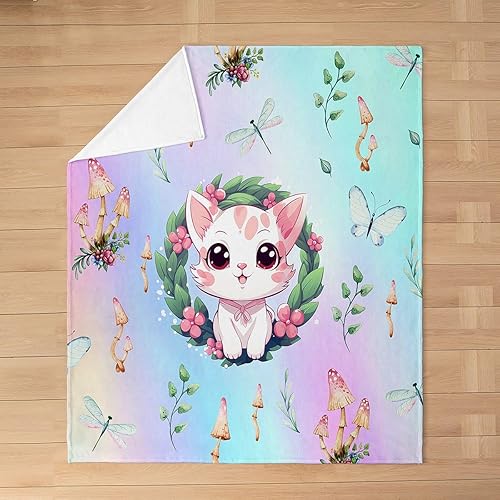 Miniatura 3 de Juego de 2 fundas de almohada con diseño de gato lindo de 20 x 20 pulgadas, con diseño de hongos y flores rosadas, para oficina, dormitorio,