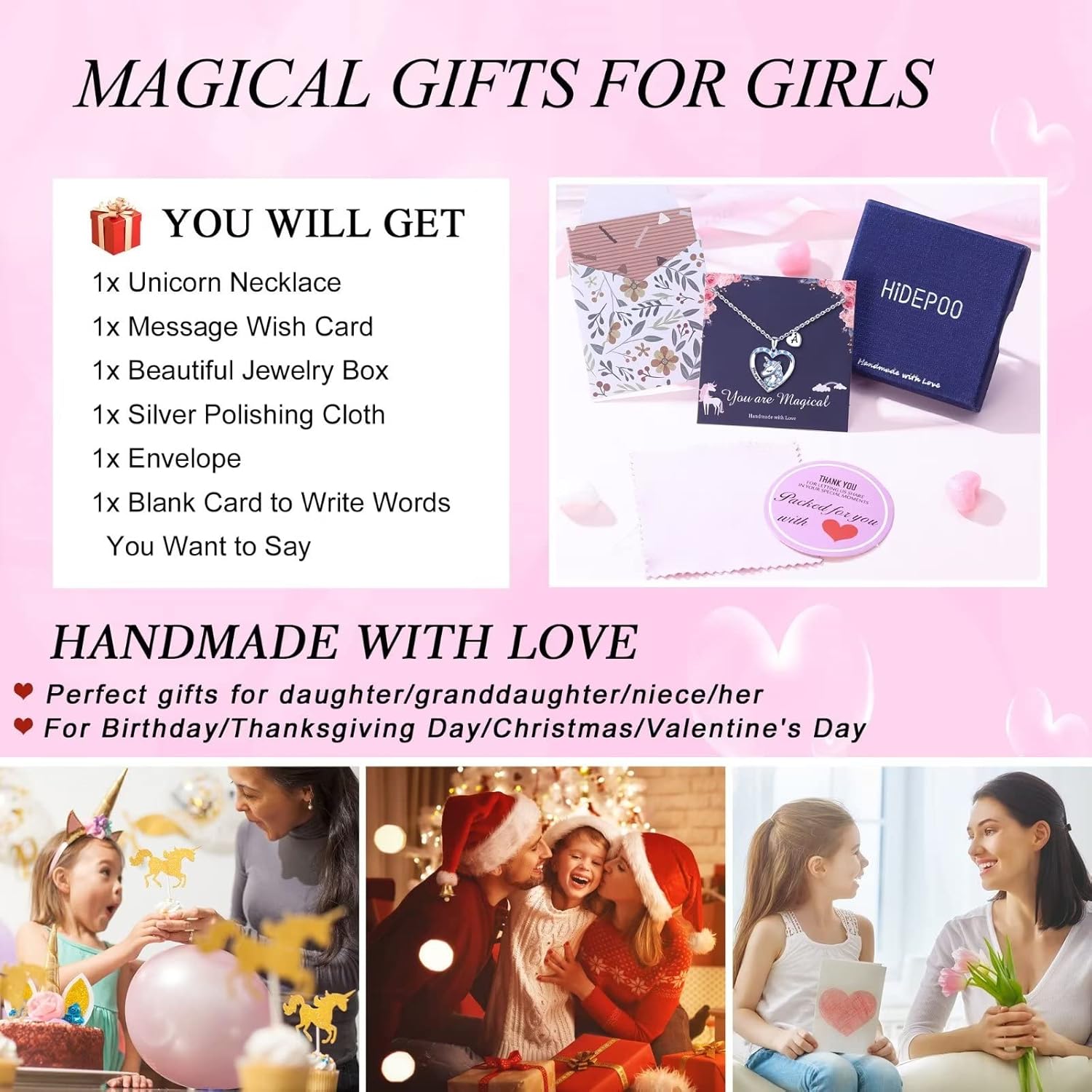 Hidepoo Valentines Gifts for Kids Girls - Unicorn Necklace for Girls Gifts 14K White Gold Plated CZ Heart Pendant Unicorn Necklace Jewelry Initial Unicorns Necklaces Unicorns Gift Valentines Gift - Image 7