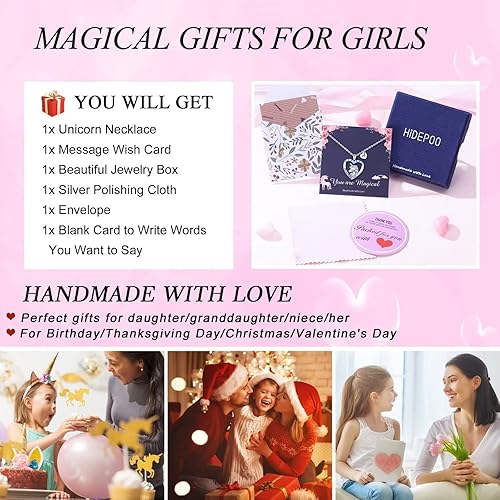 Miniatura 7 de Hidepoo Regalos para el día de San Valentín Collar de unicornio para niñas, chapado en oro blanco de 14 quilates con colgante de corazón